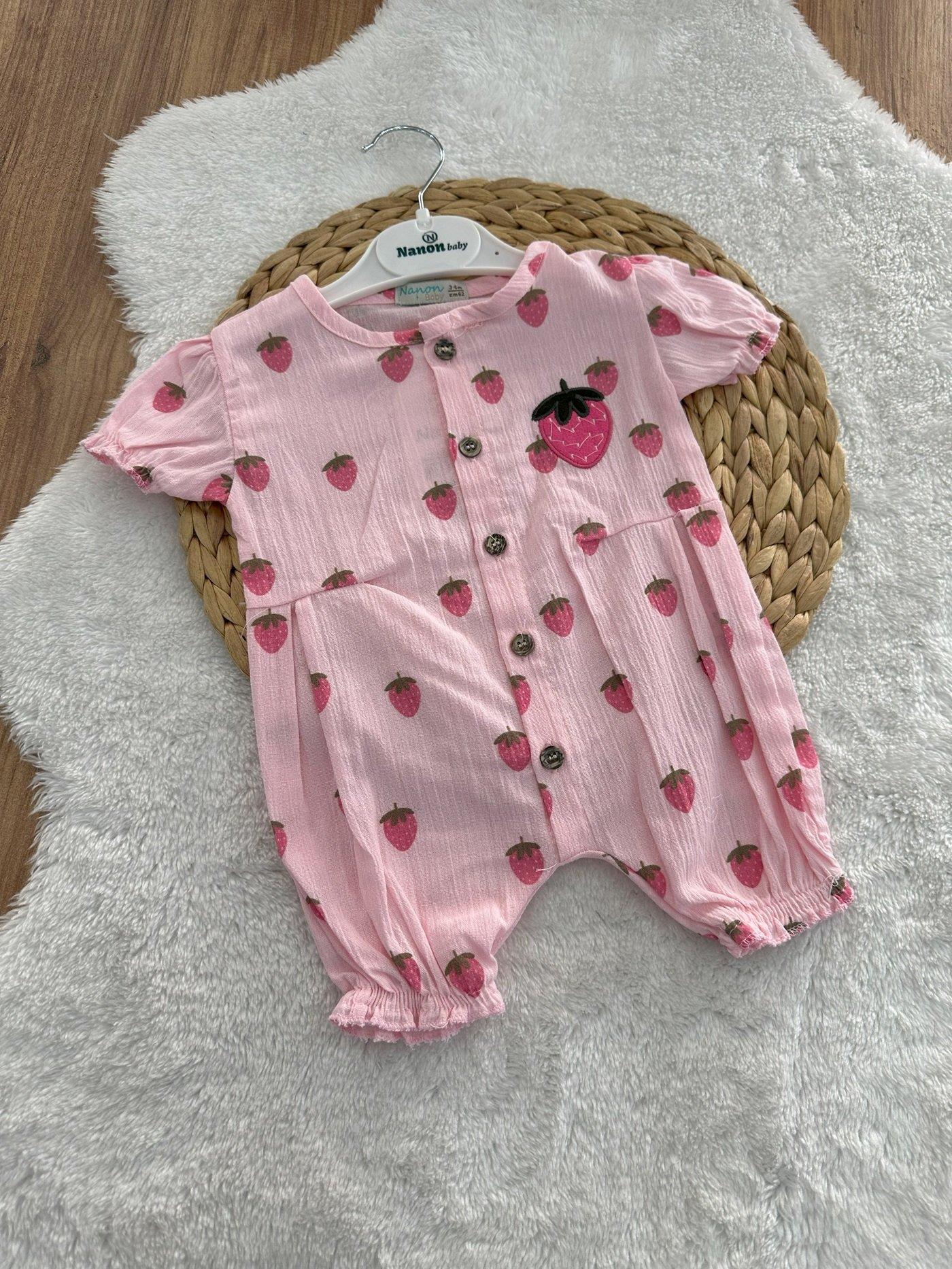 Çilek Baskı Nakışlı Kız Bebek Müslin Tulum 3-6/6-9/9-12/12-18 Ay