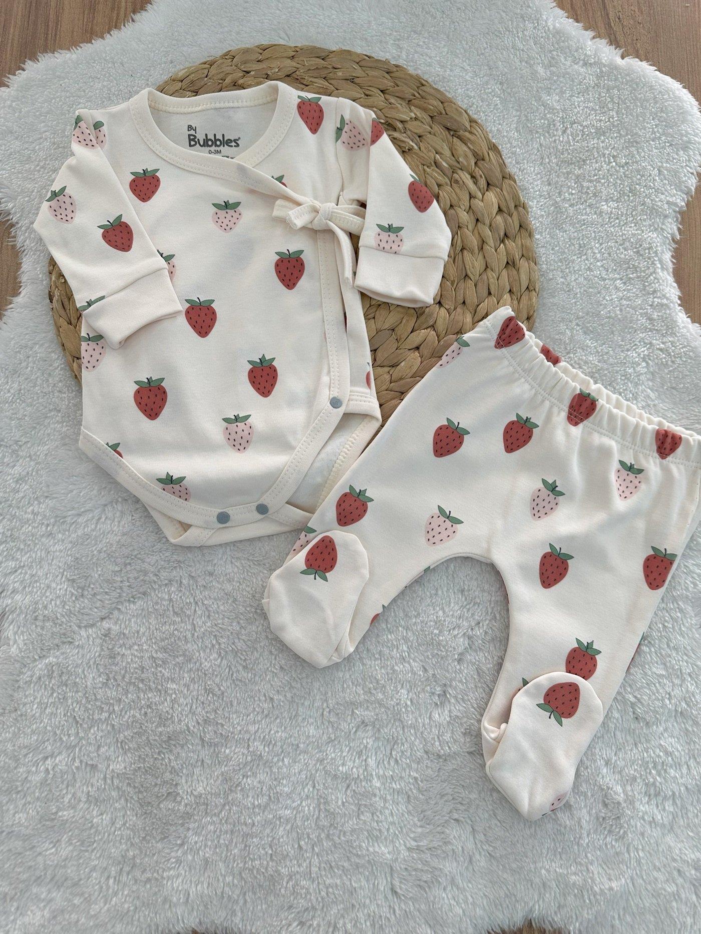 Çilek Baskılı Kruvaze Badili Kız Bebek Takım 0-3/3-6/6-9 Ay