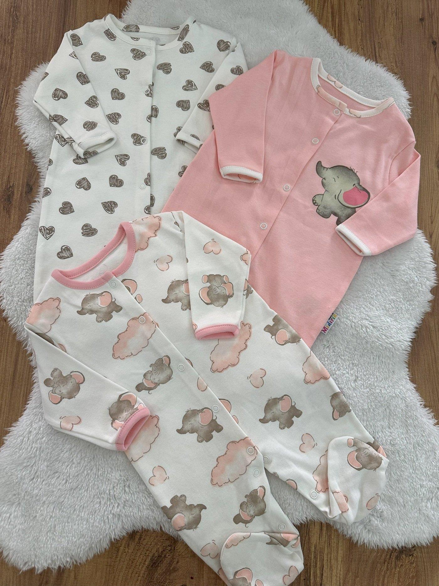 Fil Bulut Kalp Baskılı Kız Bebek Patikli 3lü Tulum Set 0-3/3-6/6-9 Ay