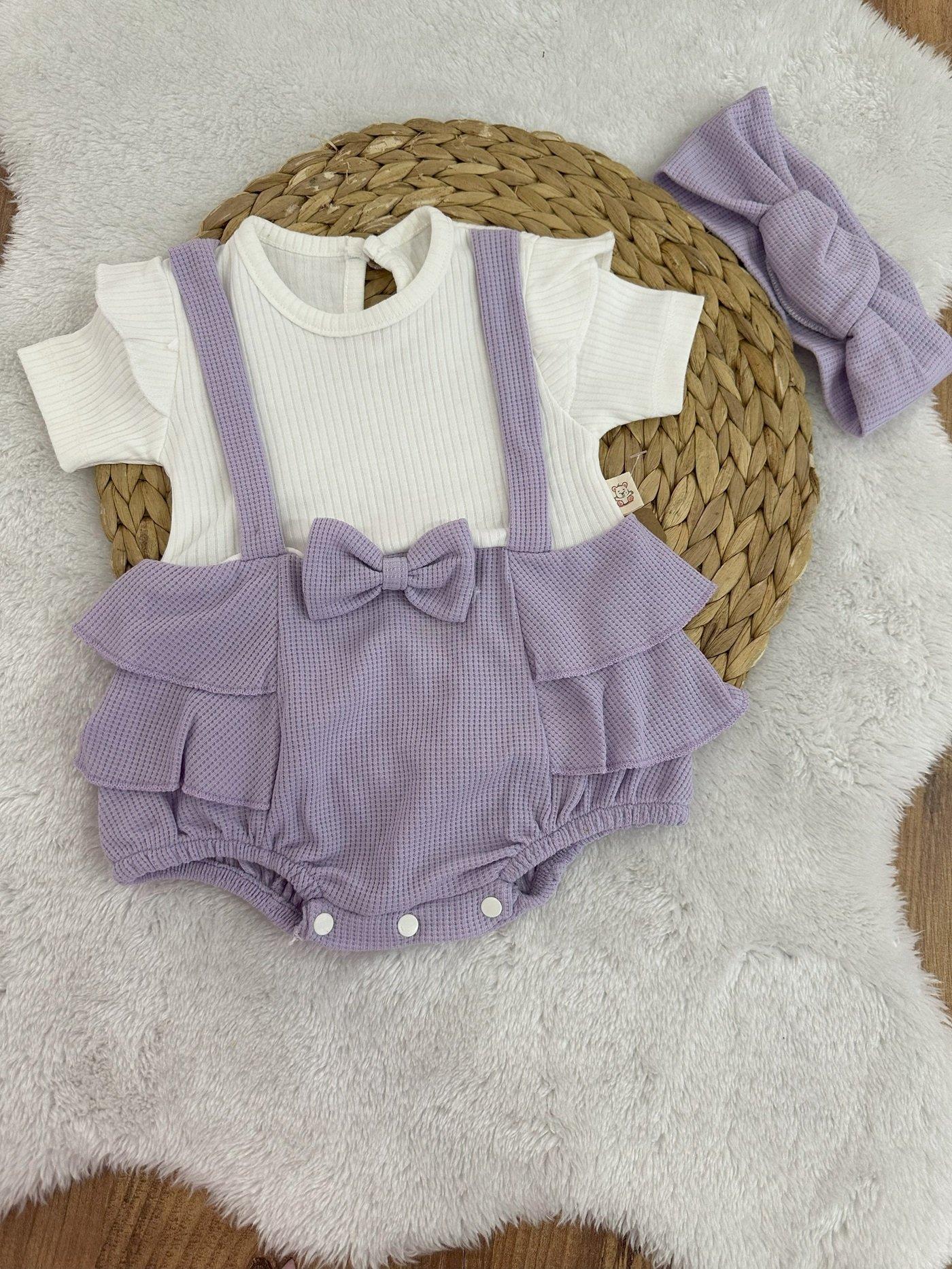 Fiyonklu Fırfırlı Kız Bebek Romper Bandana Set 3-6/6-9/9-12 Ay