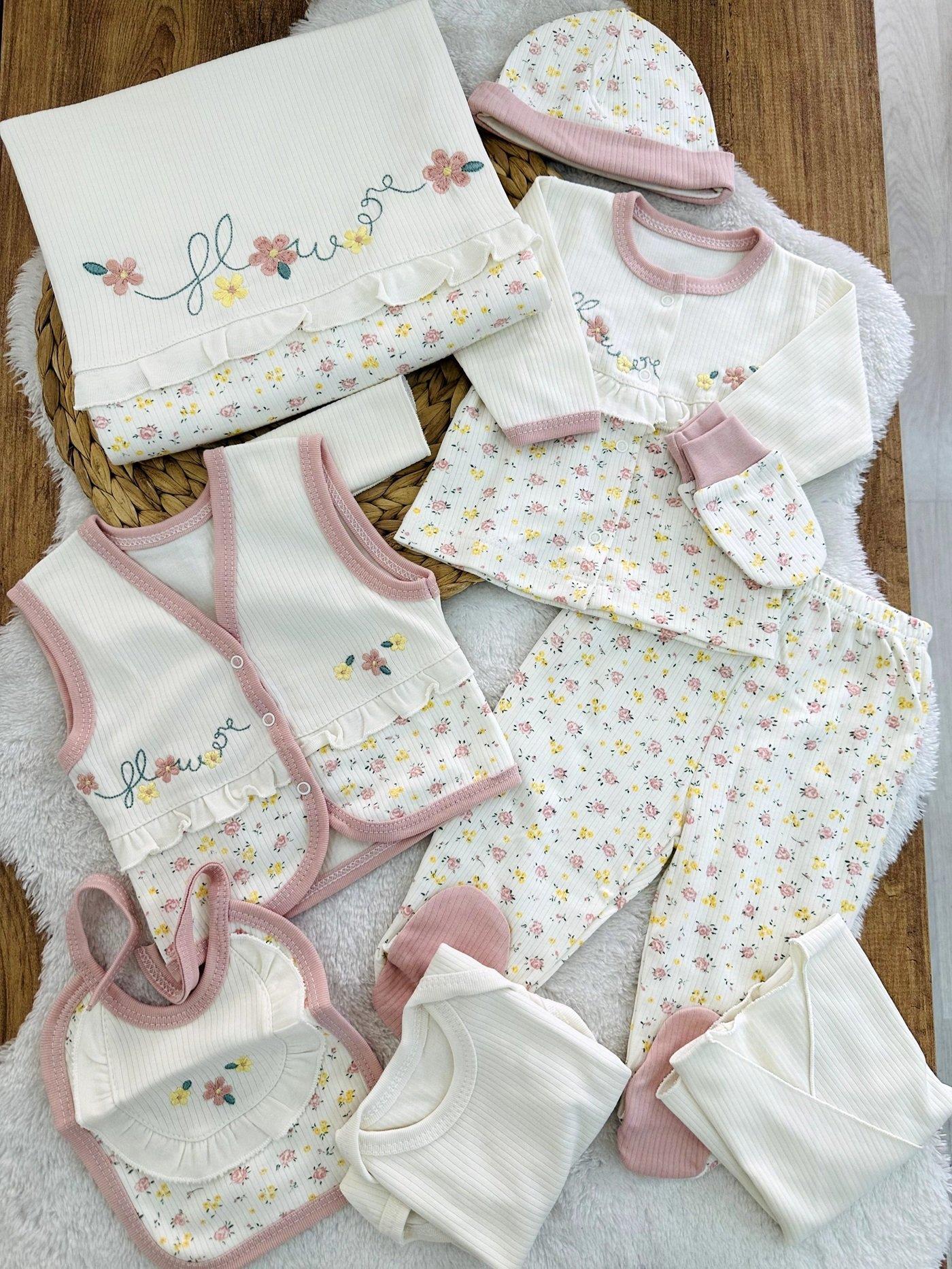 Flower Nakışlı Kız Bebek 10lu Zıbın Set Hastane Çıkışı