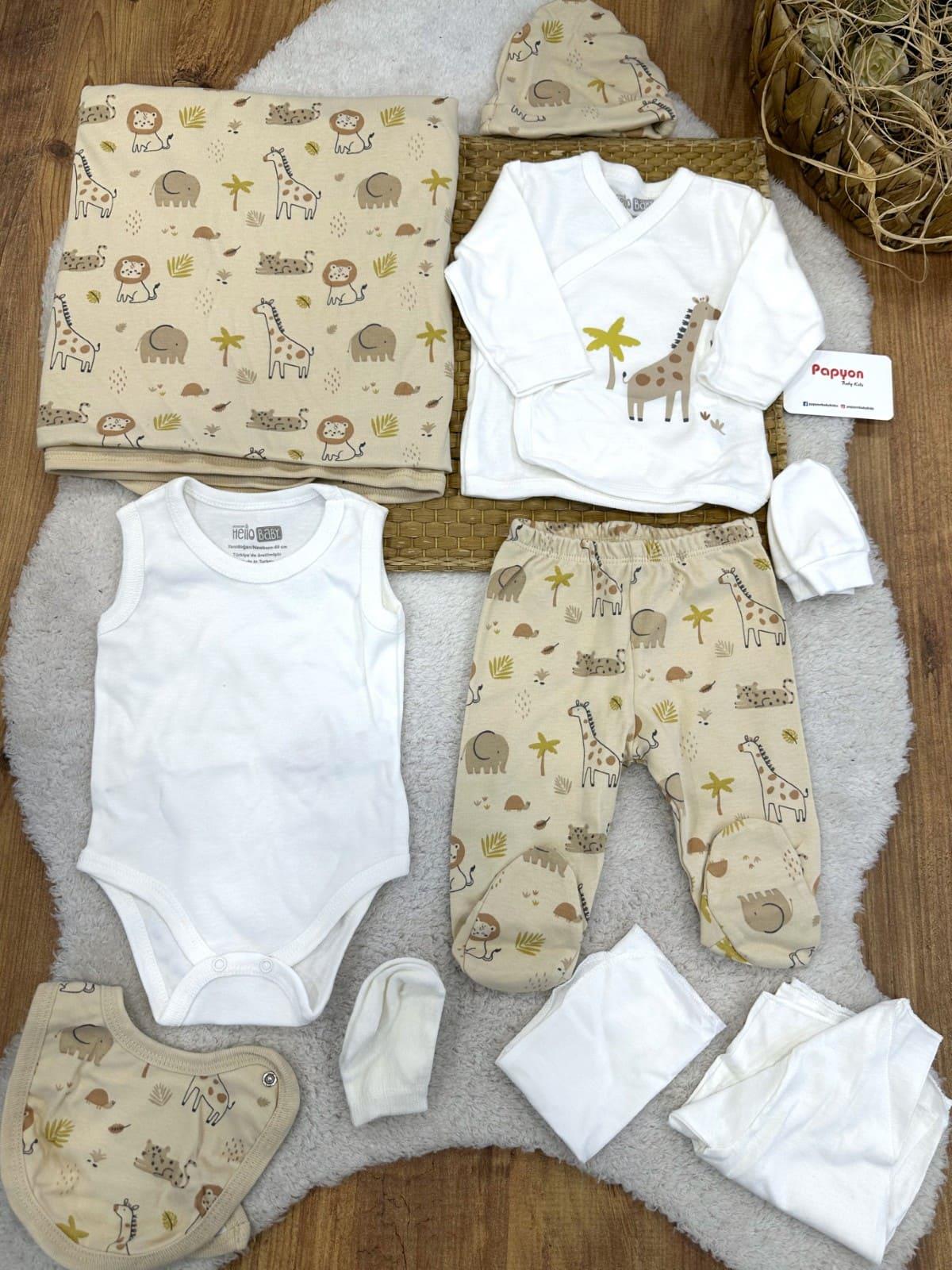 Hello Baby Safari Desenli Yenidoğan Erkek Bebek 10lu Zıbın Set