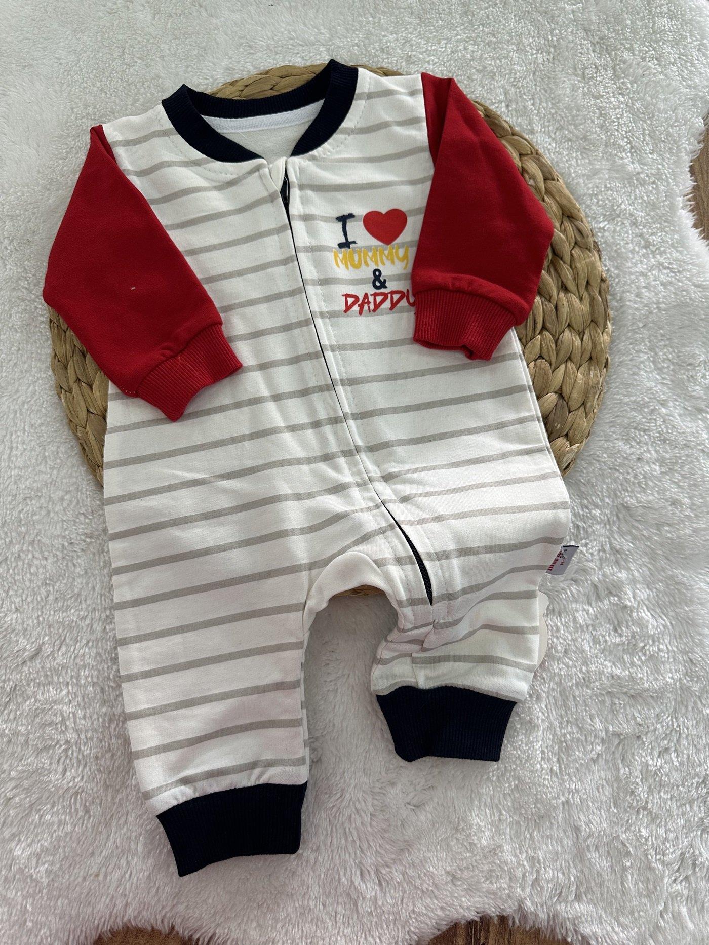 I Love Mummy & Daddy Çizgili Erkek Bebek Fermuarlı Tulum 0-3/3-6/6-9/9-12 Ay