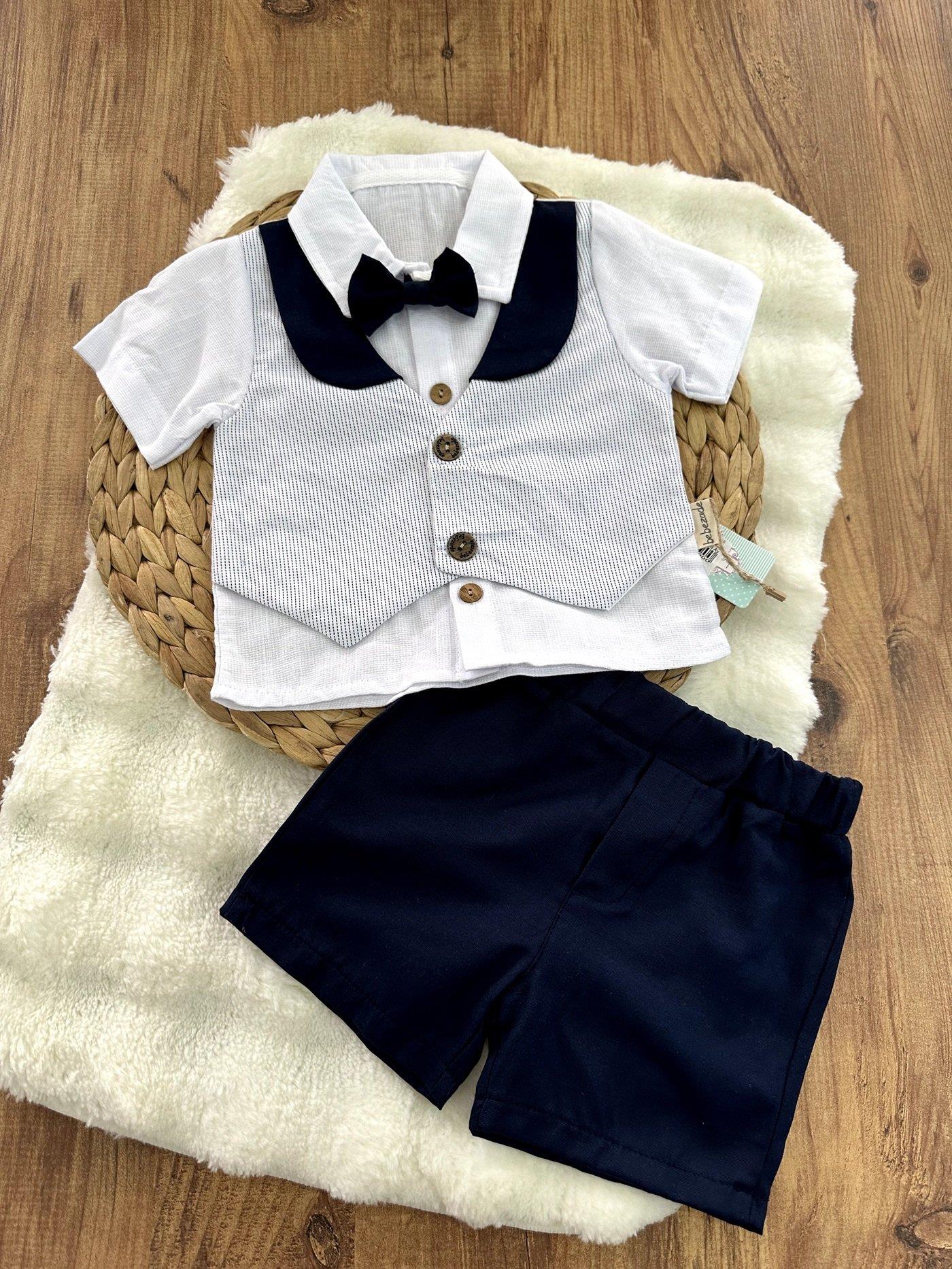 İnce Çizgili Yelekli Papyonlu Şortlu Erkek Takım 3-6/6-9/9-12/12-18 Ay