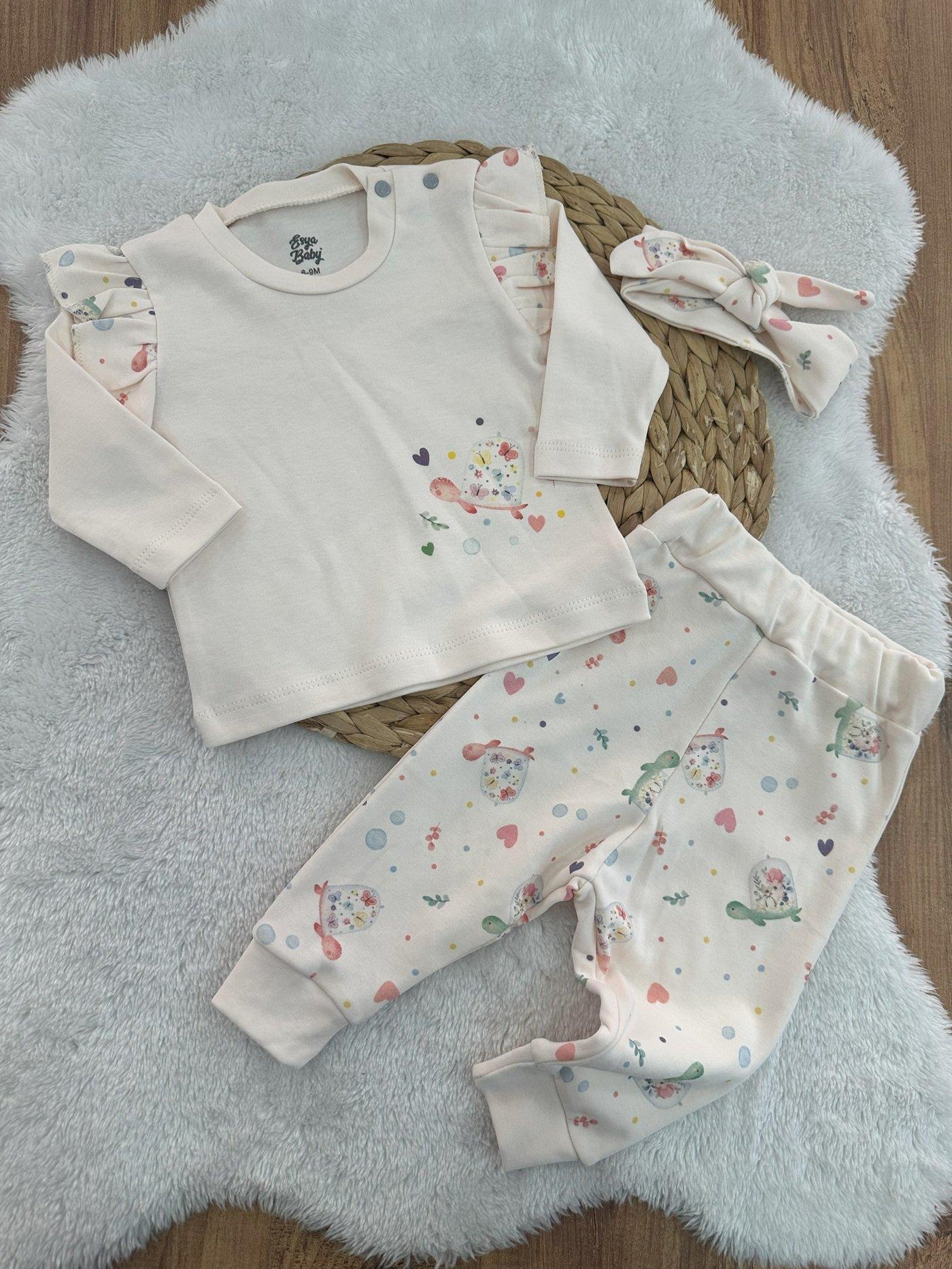 Kaplumbağa Baskılı Kız Bebek Bandanalı 3lü Takım 3-6/6-9/9-12/12-18 Ay