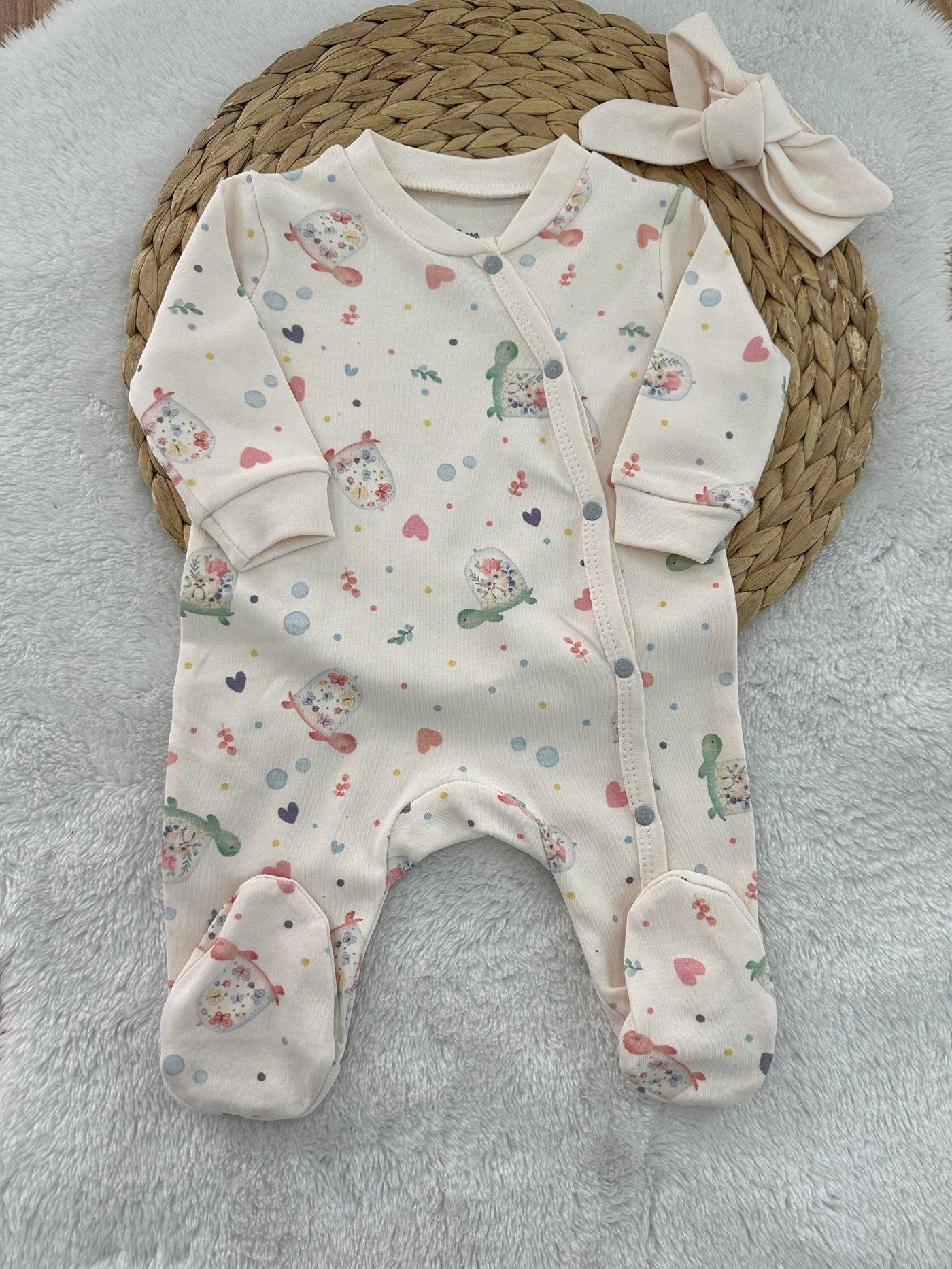 Kaplumbağa Baskılı Kız Bebek Tulum Bandana Set 0-3/3-6 Ay