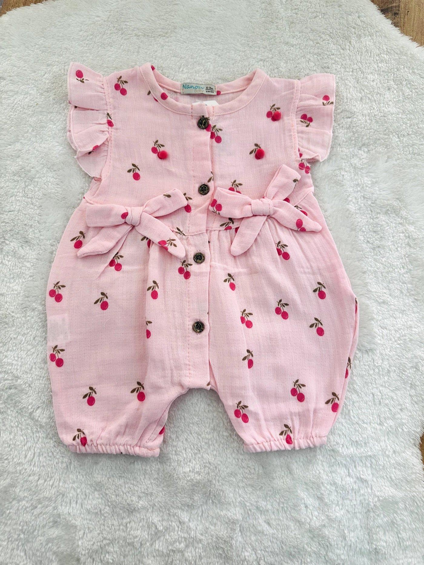 Kiraz Baskılı Kız Bebek Organik Müslin Tulum 3-6/6-9/9-12/12-18 Ay