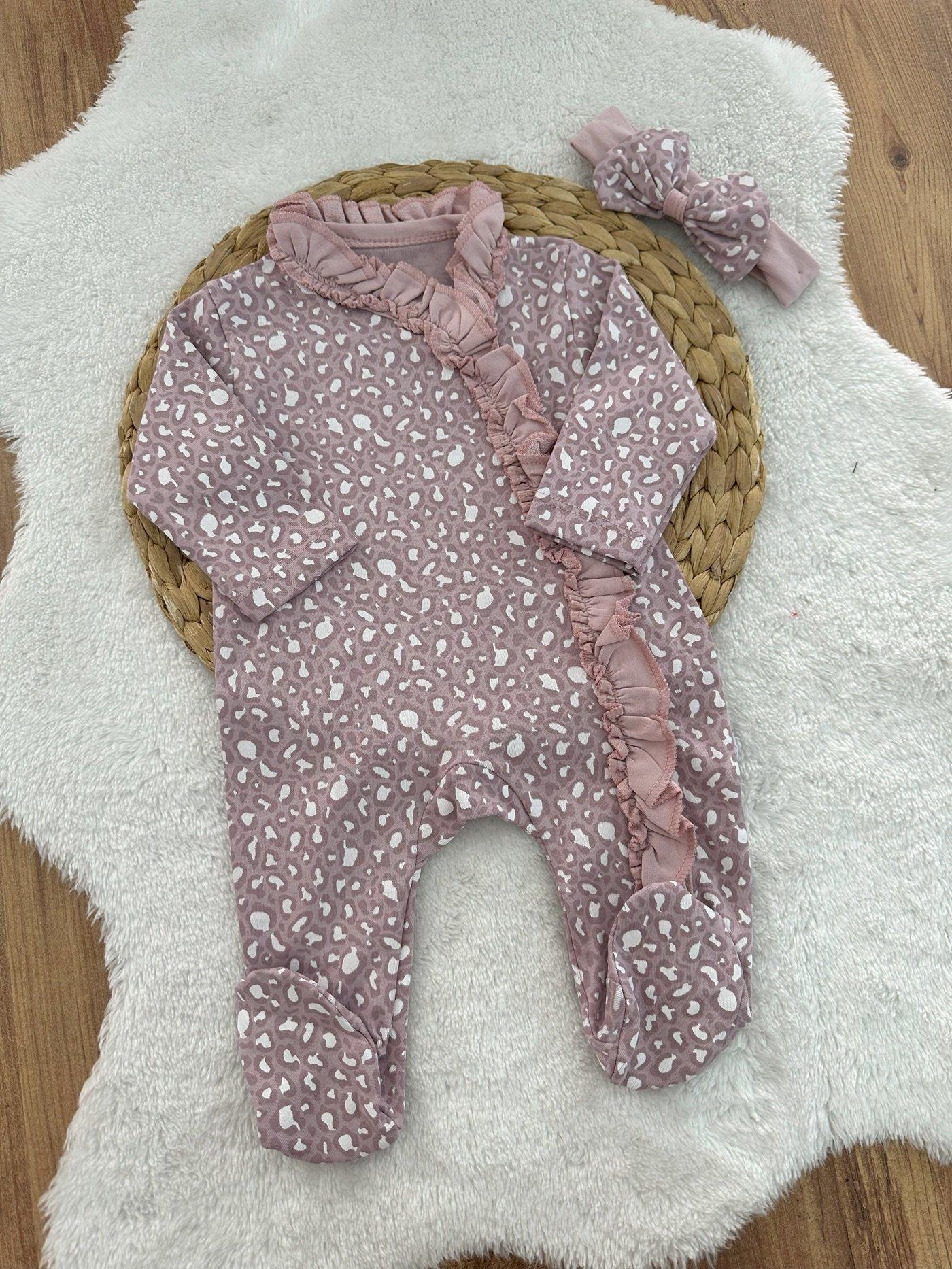 Leopar Model Bandanalı Fırfırlı Kız Bebek Tulum Set 0-3/3-6/6-9/9-12 Ay