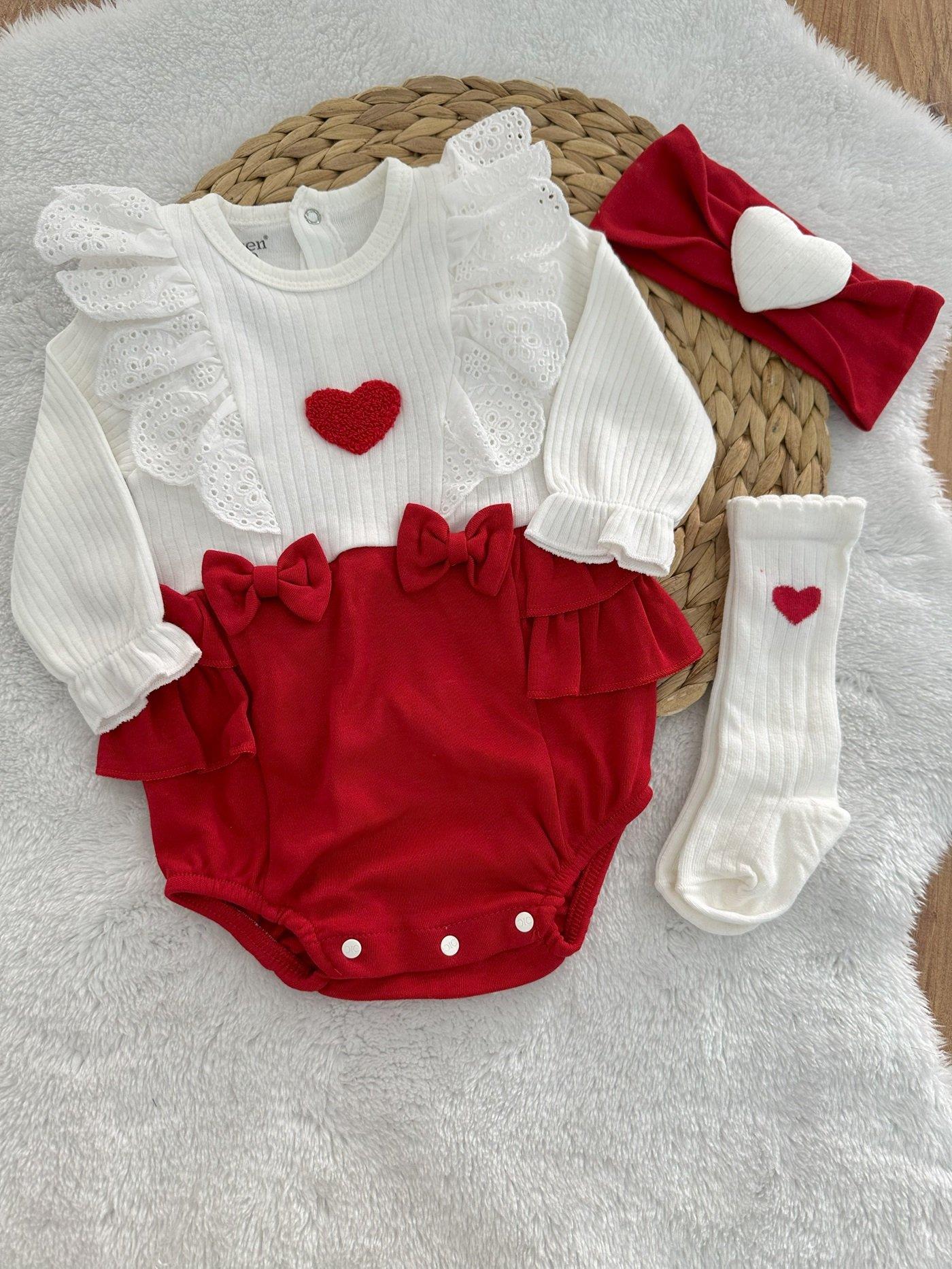 Lottie Süzene Kalp Nakışlı Güpürlü Kız Bebek Bandana Çorap Romper 3lü Takım 3-6/6-9/9-12 Ay