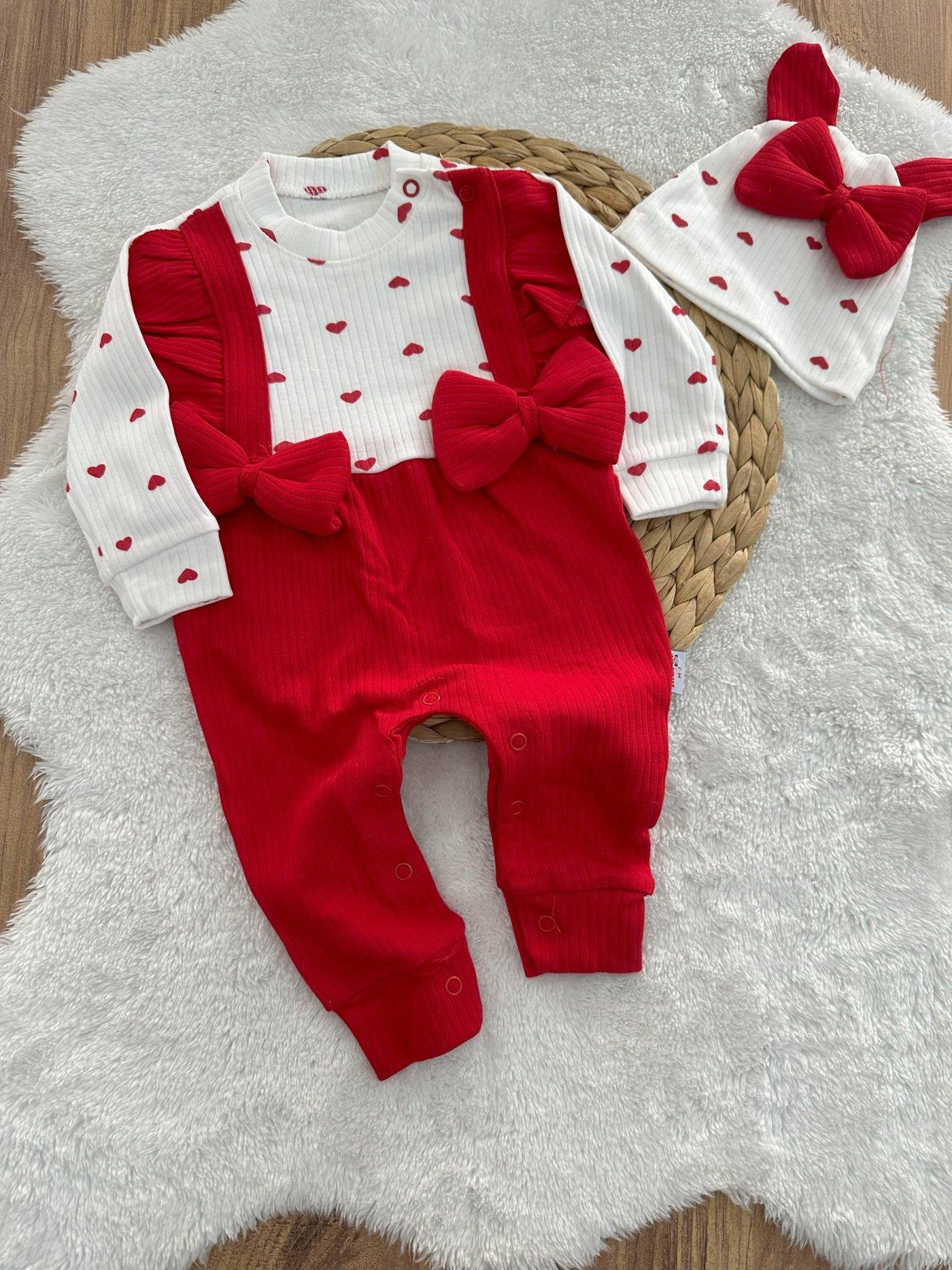 Minik Kalp Fırfırlı Fiyonklu Kız Bebek Tulum Bere Set 0-3/3-6 Ay
