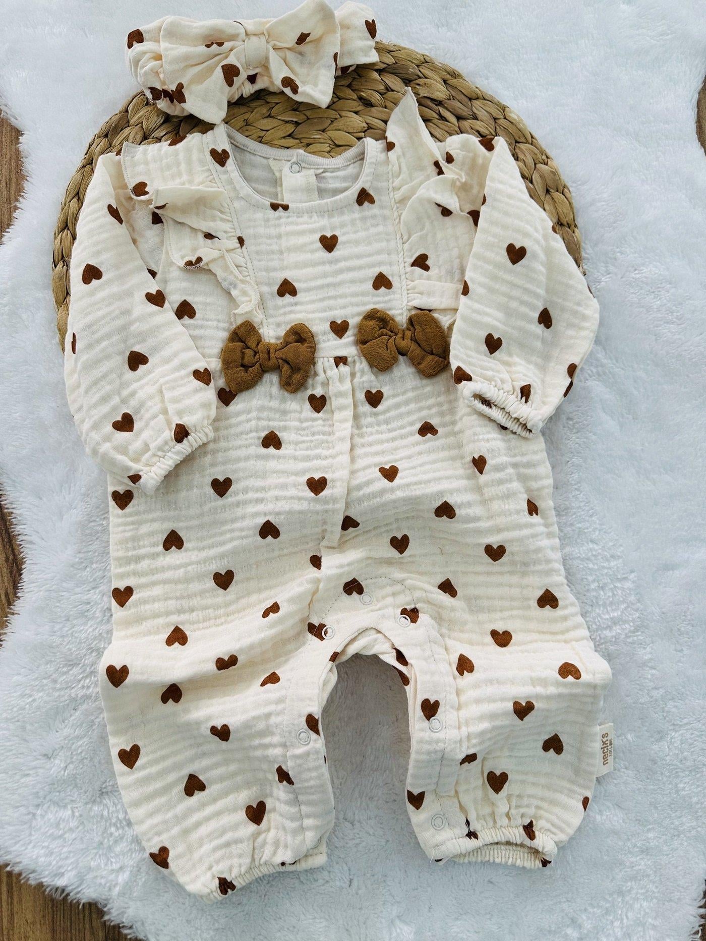 Osaka Kalp Organik Kız Bebek Müslin Tulum Bandana Set 3-6/6-9/9-12 Ay