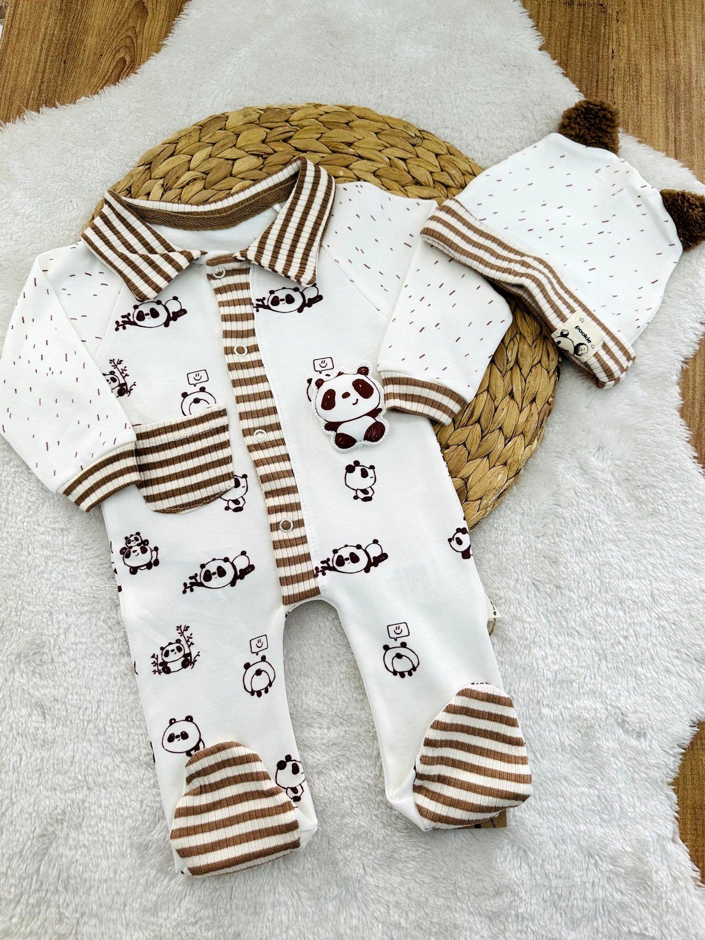 Panda Kabartmalı Bereli Erkek Bebek Organik Tulum Set 0-3/3-6/6-9 Ay