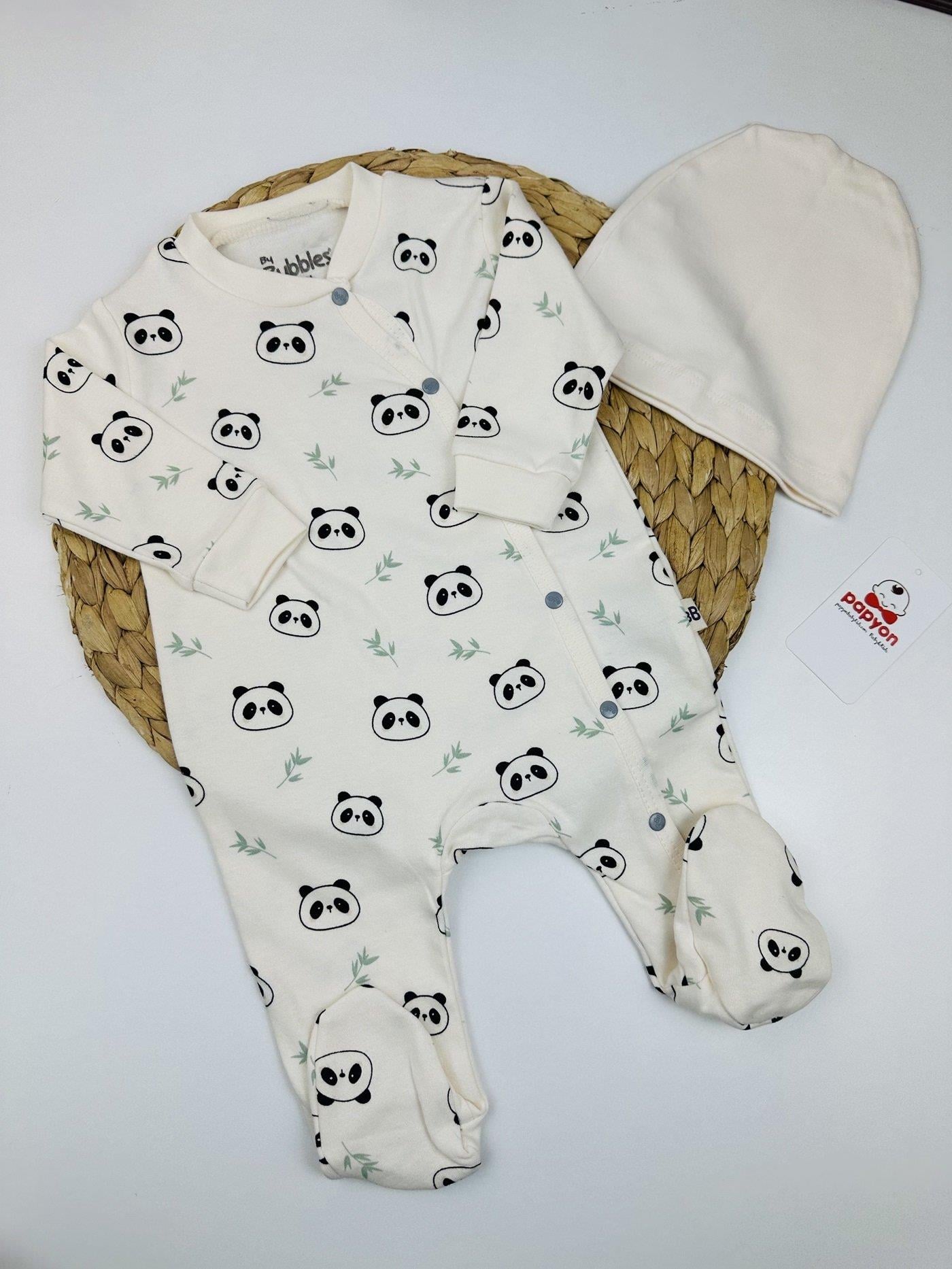 Panda Organik Unisex Bebek Bere Tulum Set 0-3/3-6 Ay
