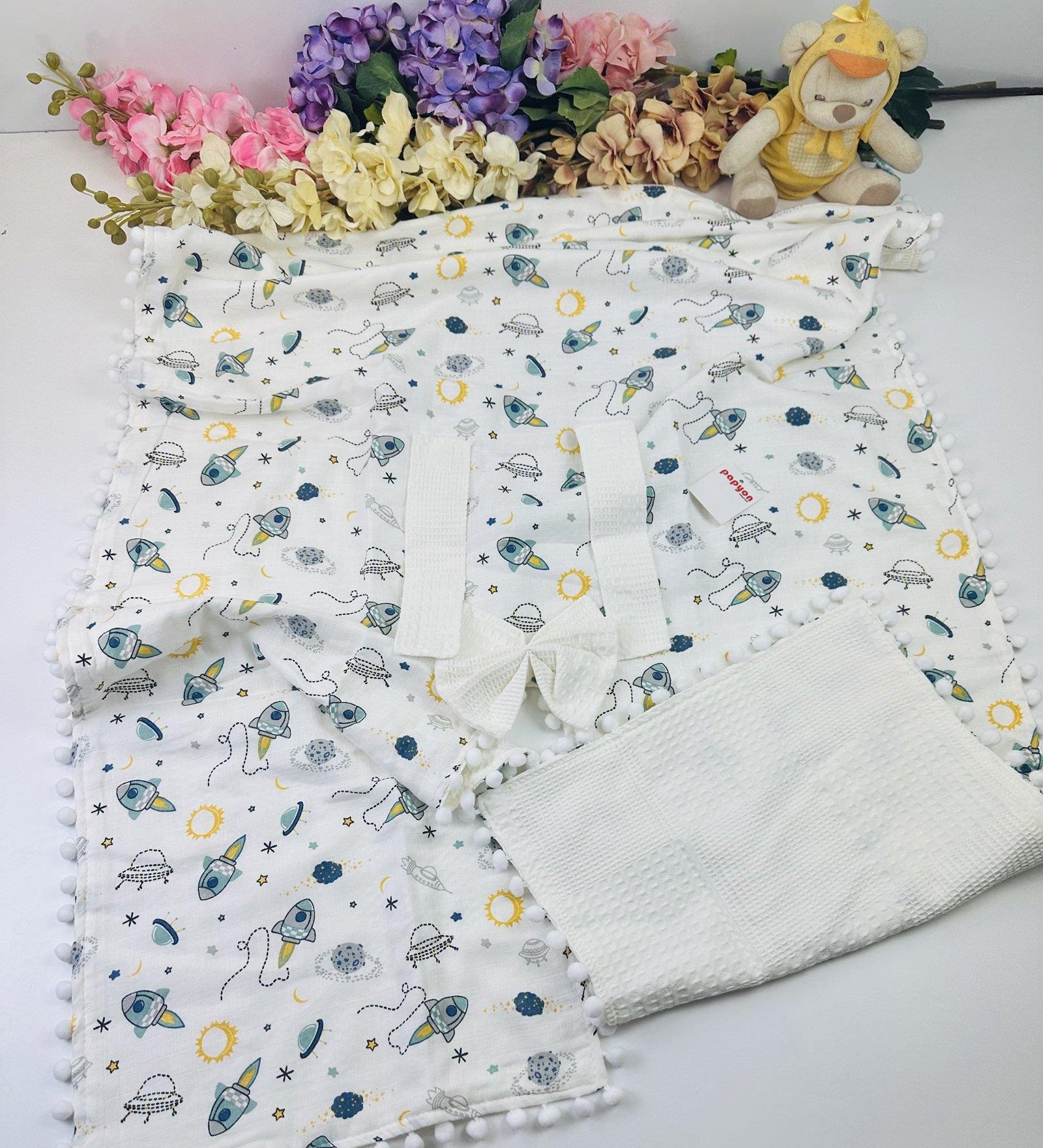 Roket Baskılı Müslin Pike Puset Örtüsü 75x110 Cm