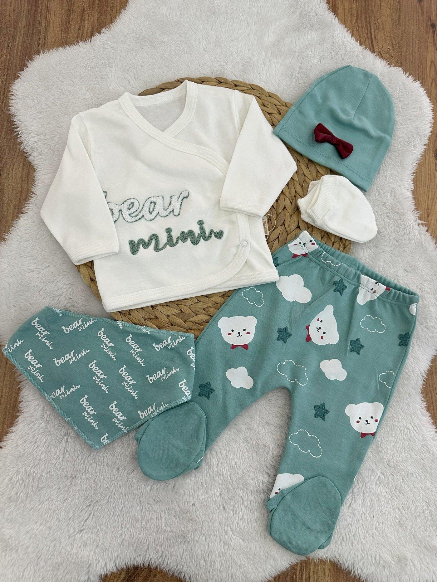 Süzene Bear Mini Nakışlı Yenidoğan Erkek Bebek 5li Zıbın Set