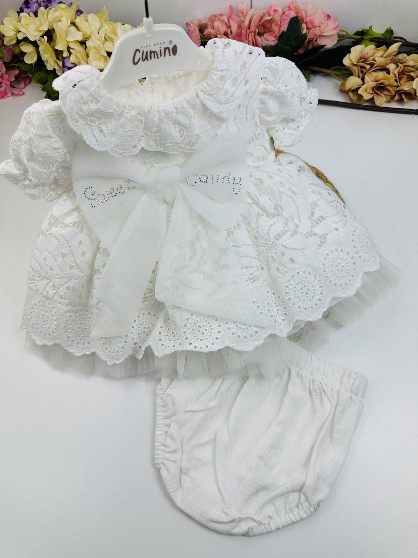 Sweet Candy Fiyonklu Güpürlü Kız Bebek Külotlu Elbise 3-6/6-9/9-12/12-18 Ay