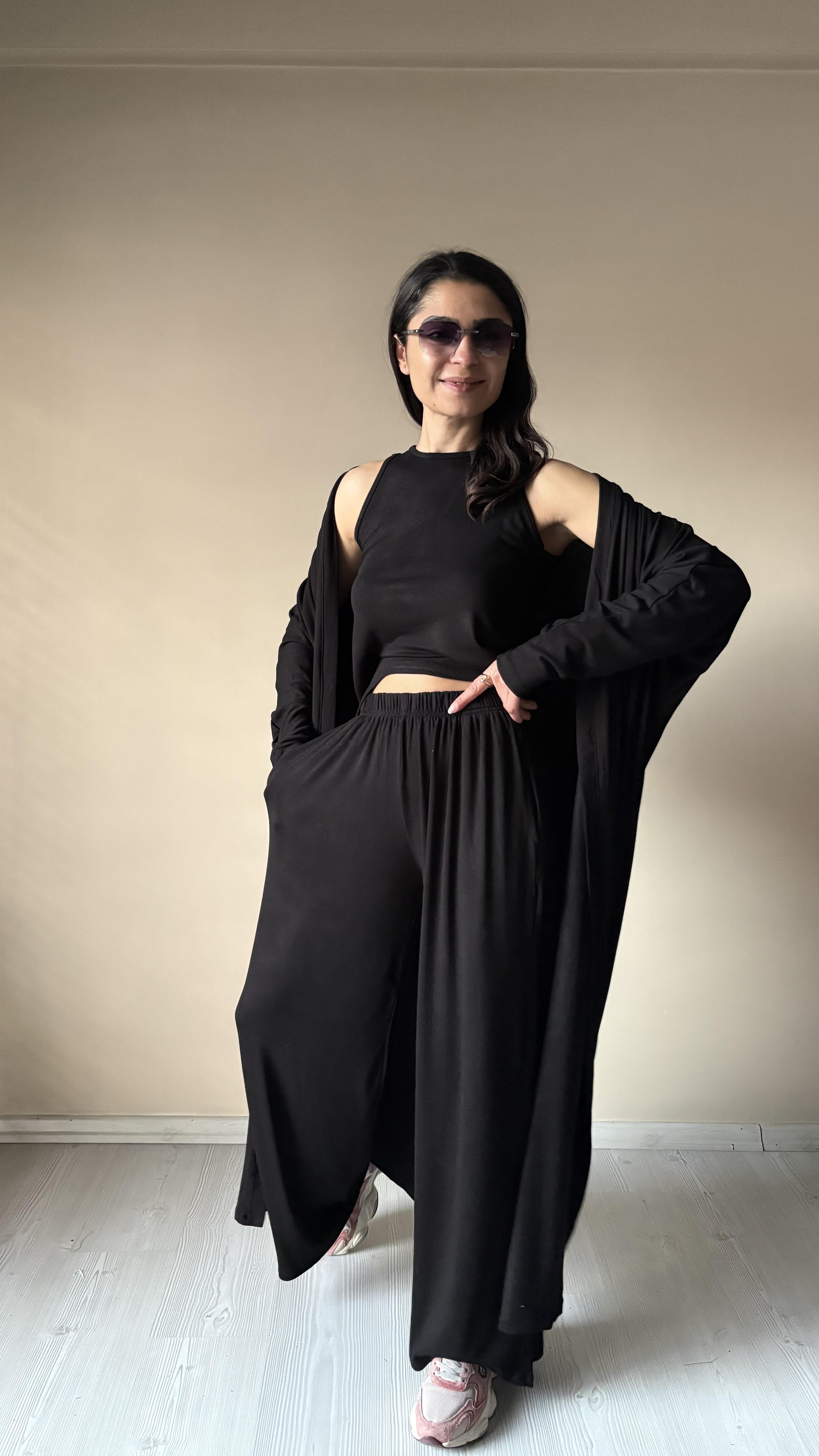 3'lü Merserize Likralı Siyah Takım