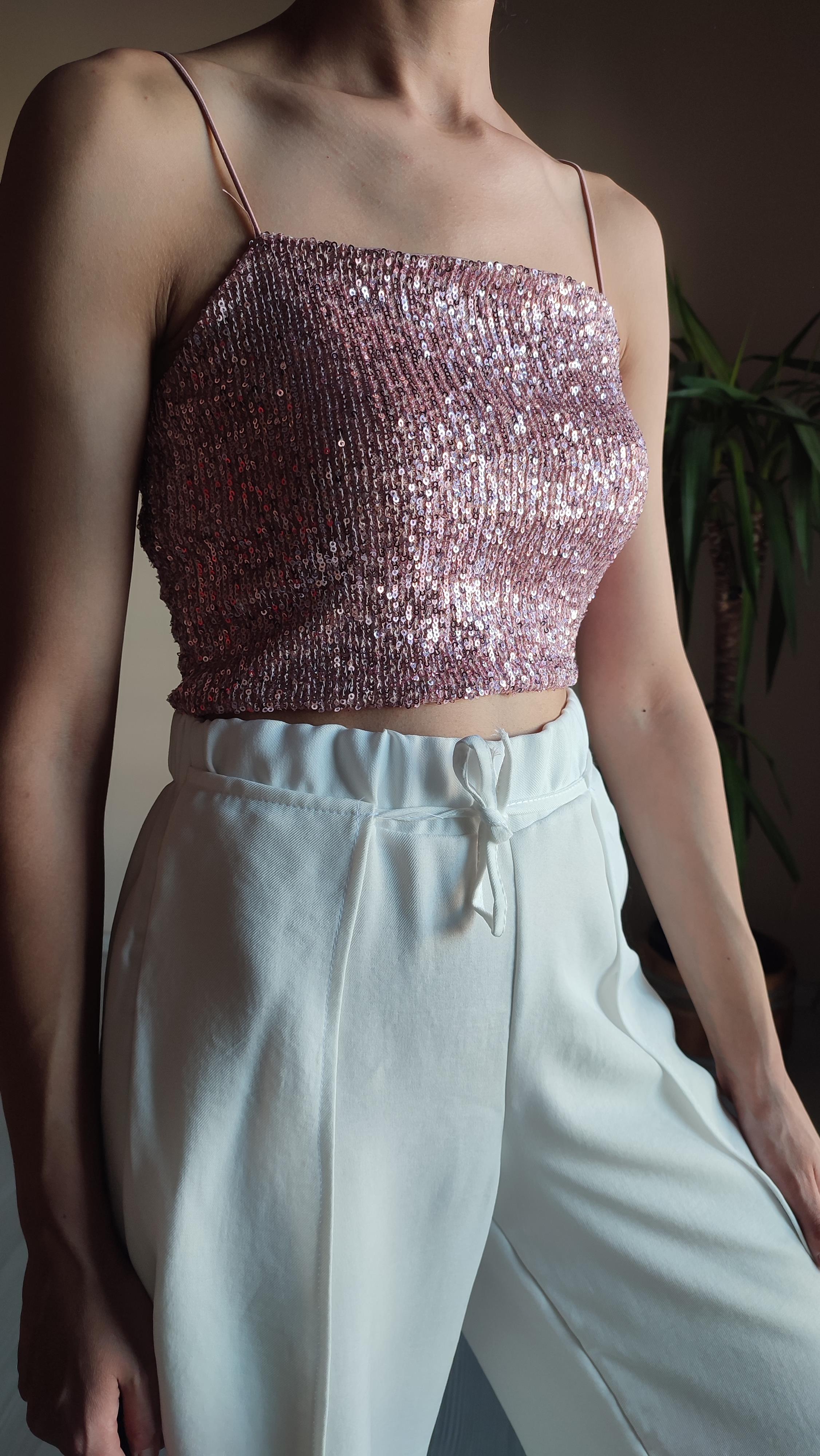 Bebe plus Pembe pul payet spagetti askılı croptop 