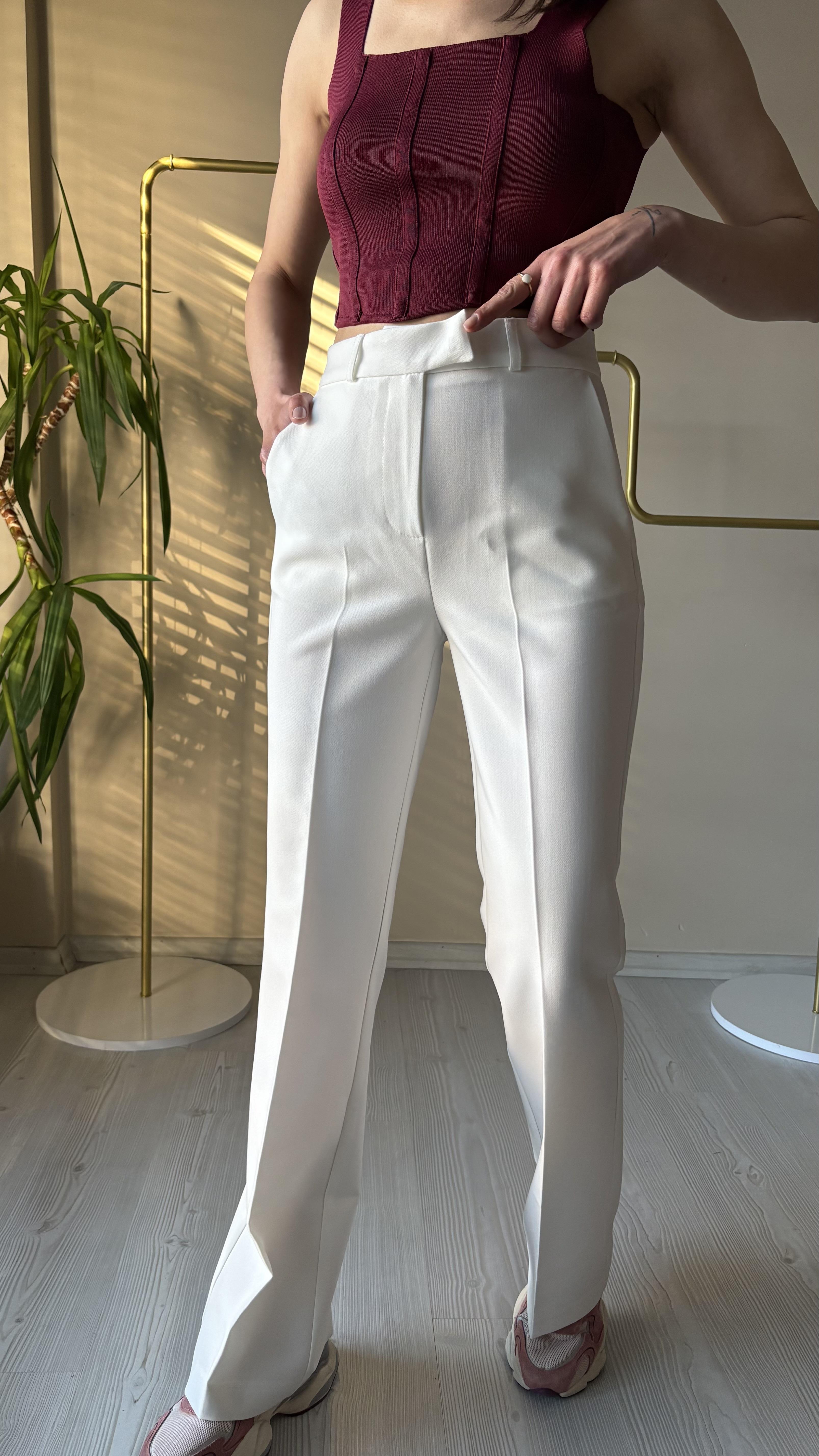 Beyaz Dabıl kumaş İspanyol Pantolon 