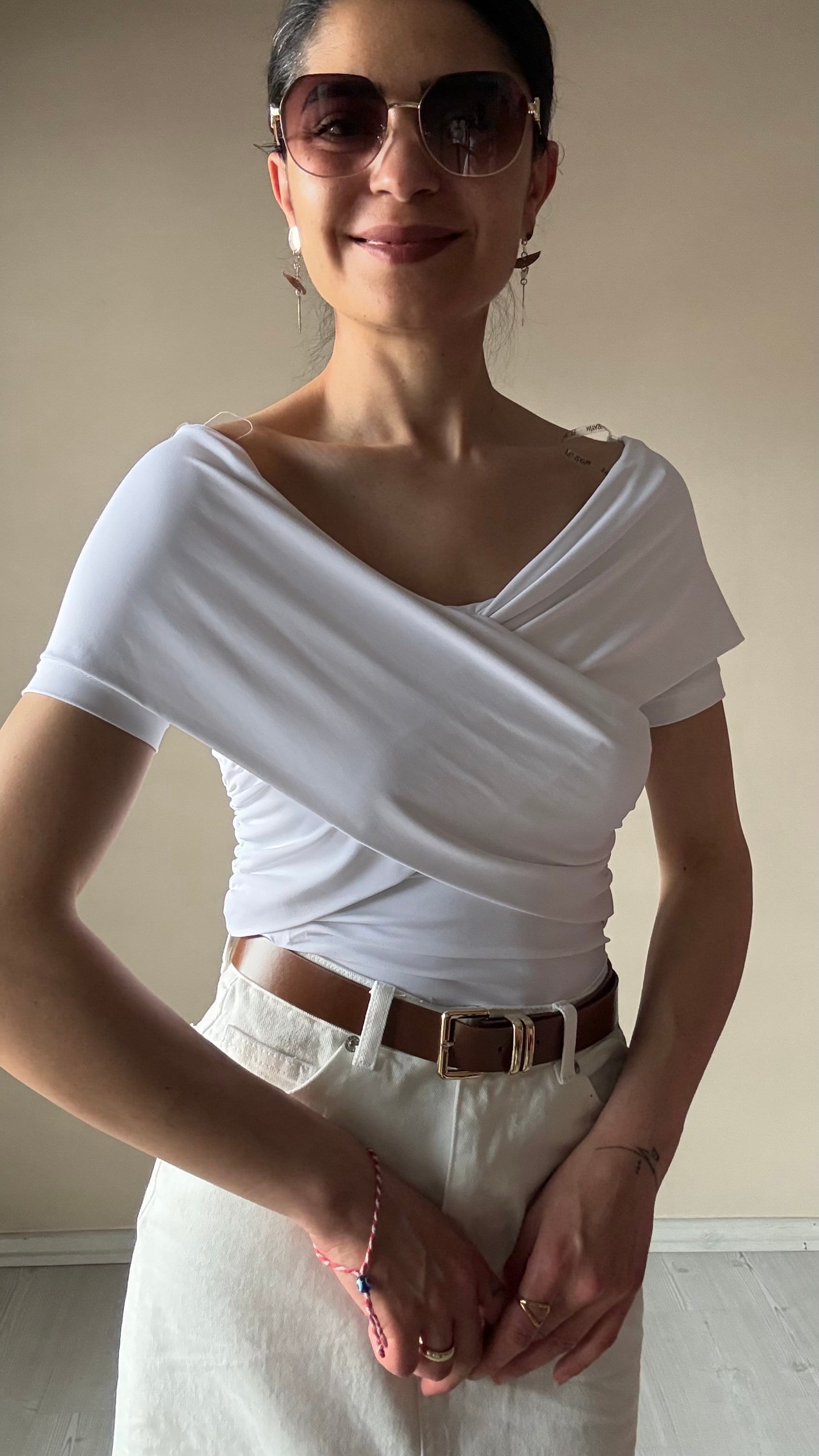 Beyaz Kruvaze Yaka Kısa kol Bluz