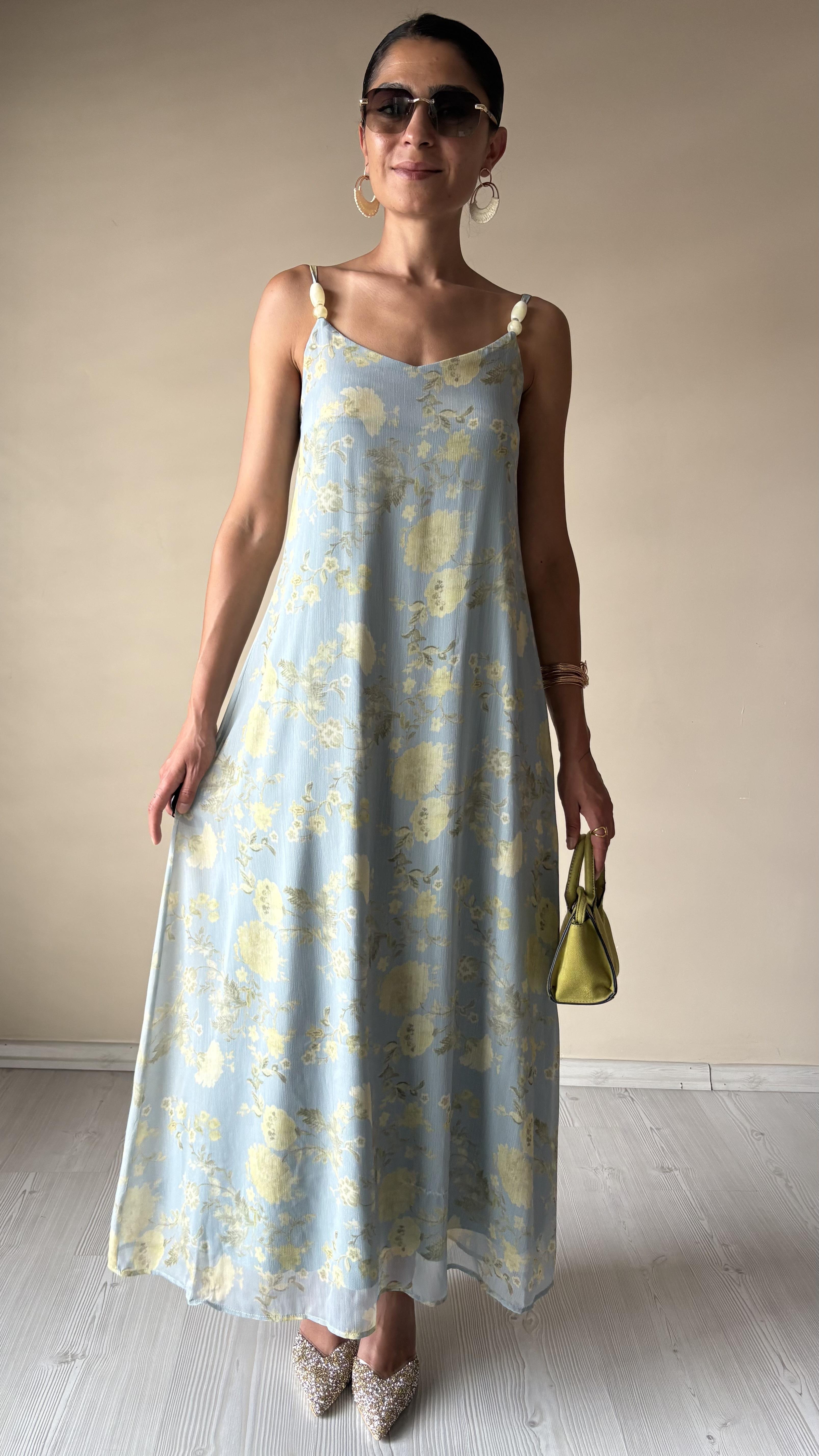 Boncuk askılı uzun Şifon Elbise