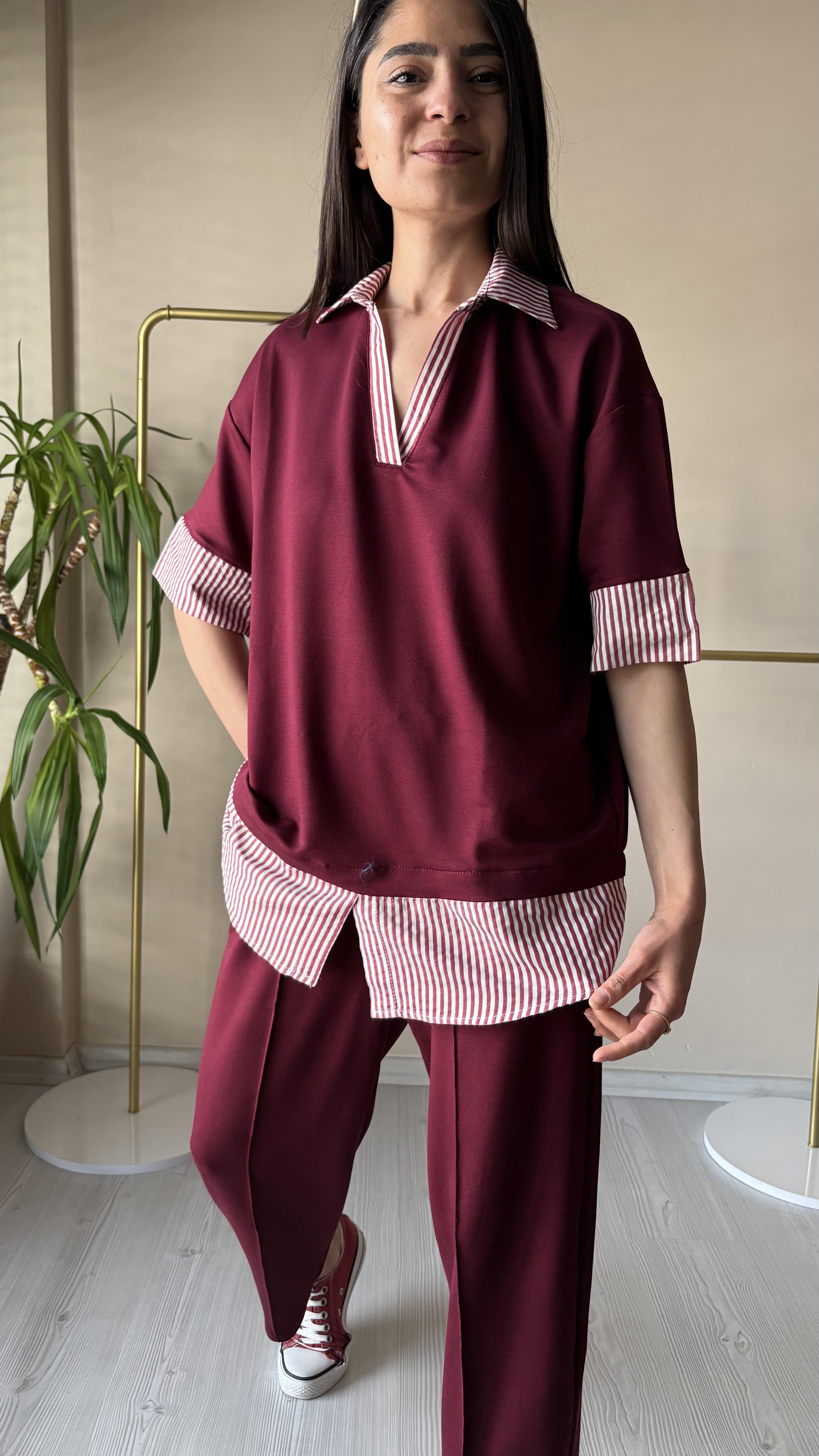Bordo Çizgili Gömlek Garnili Takım