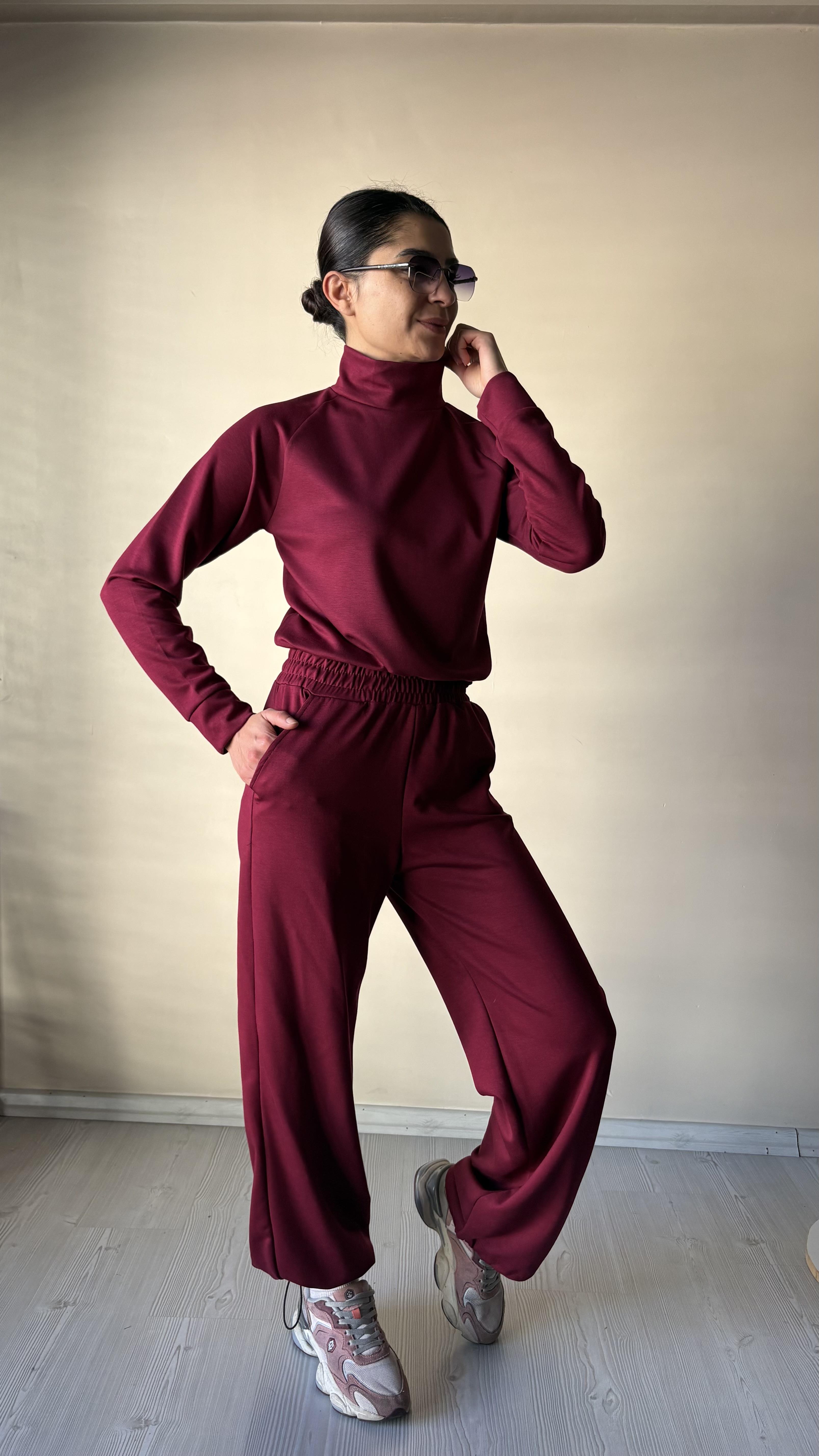 Bordo Modal Dik Yaka 2'li Takım