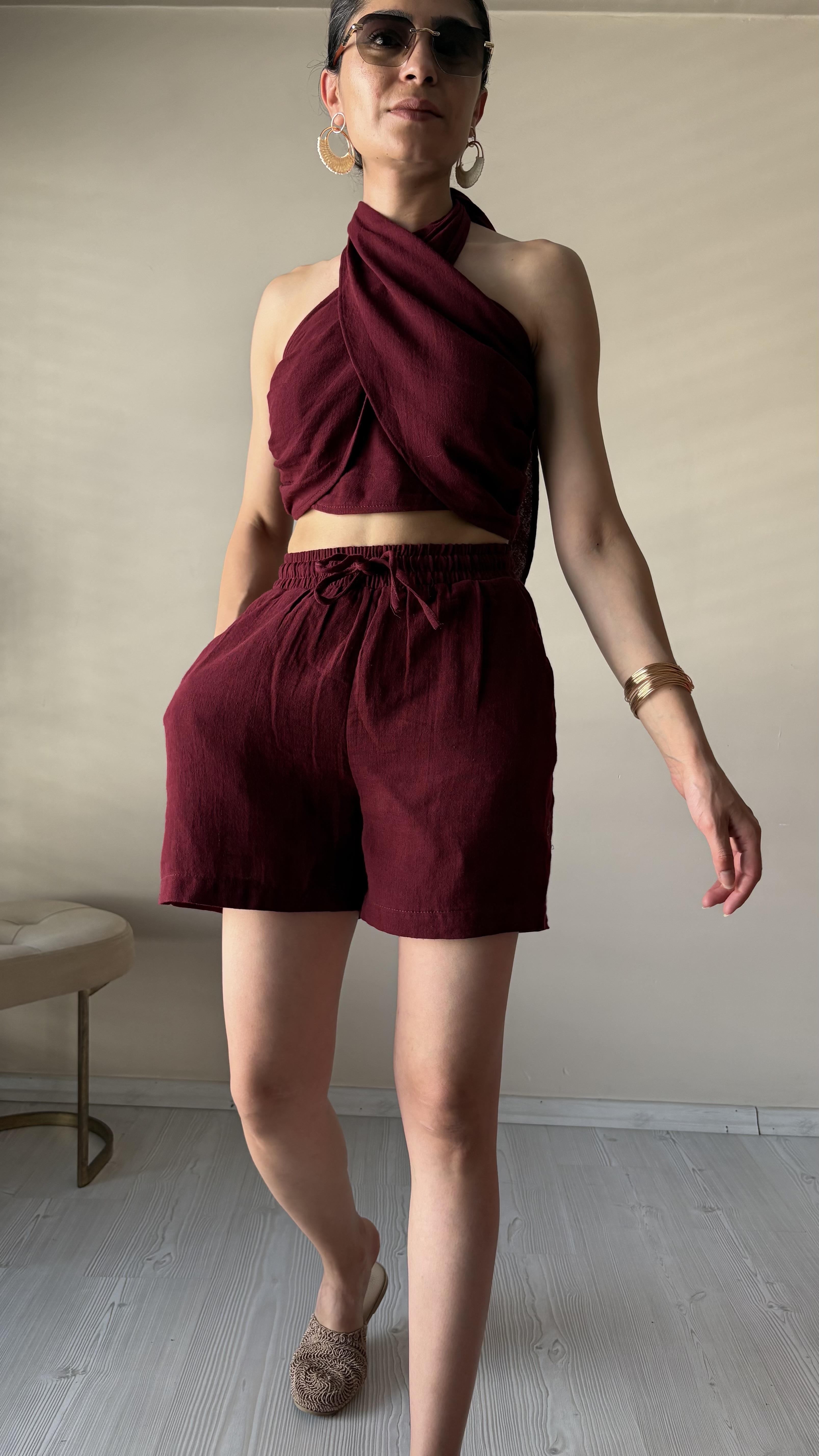 Bordo Müslin Şortlu Takım