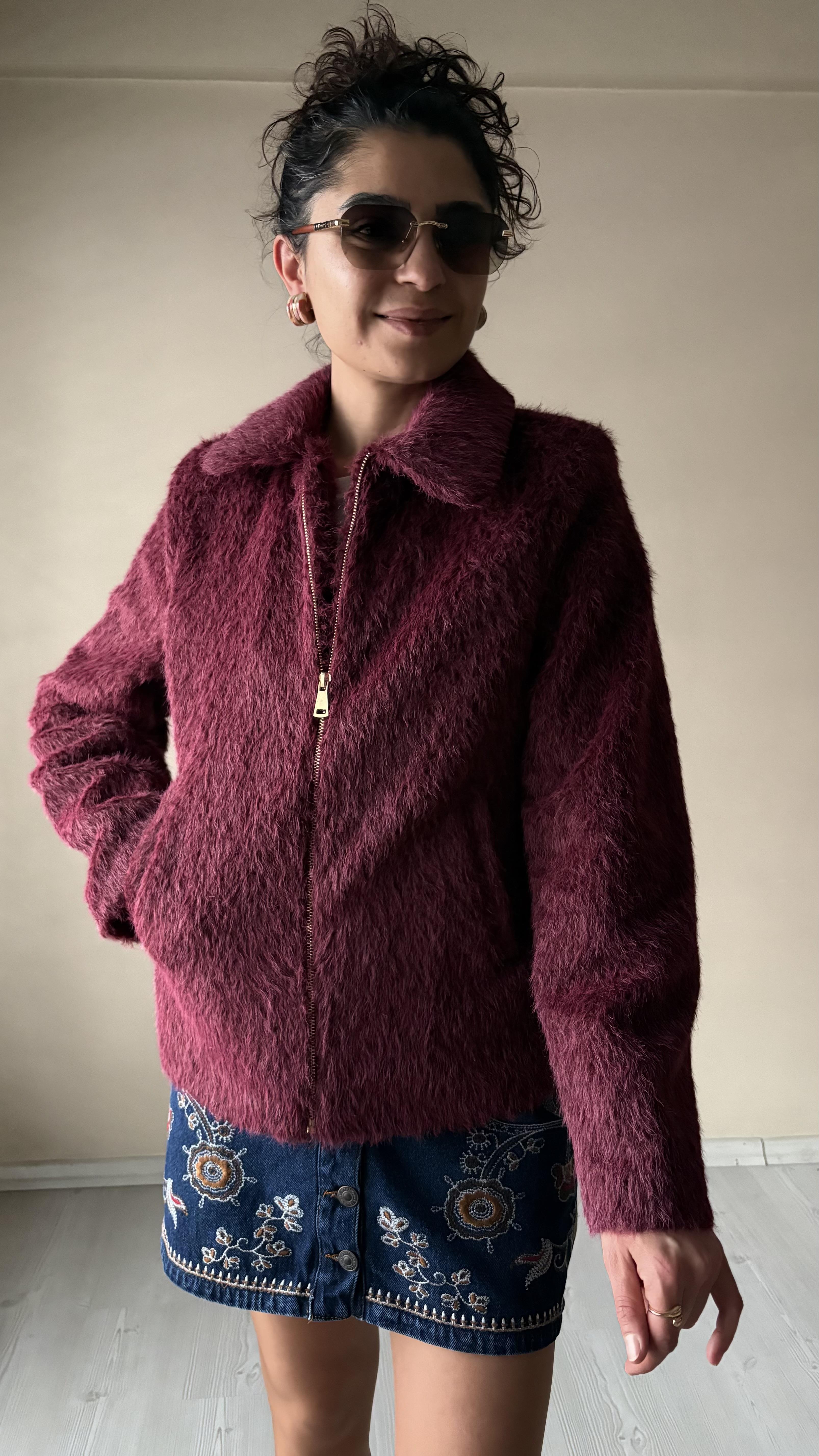 Bordo Tay Tüyü Fermuarlı Ceket