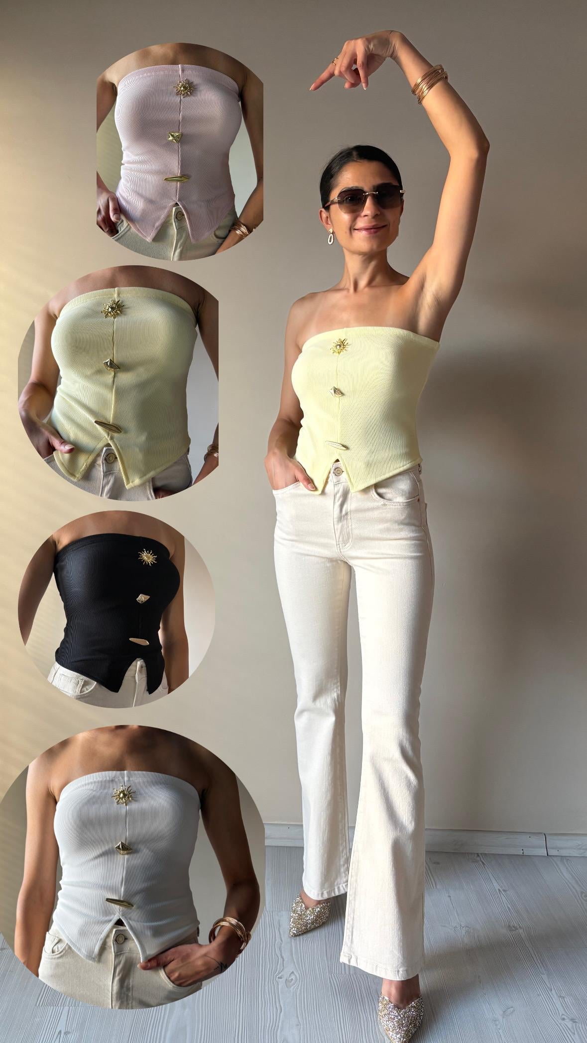 Broş detay Straplez ottoman Bluzlar