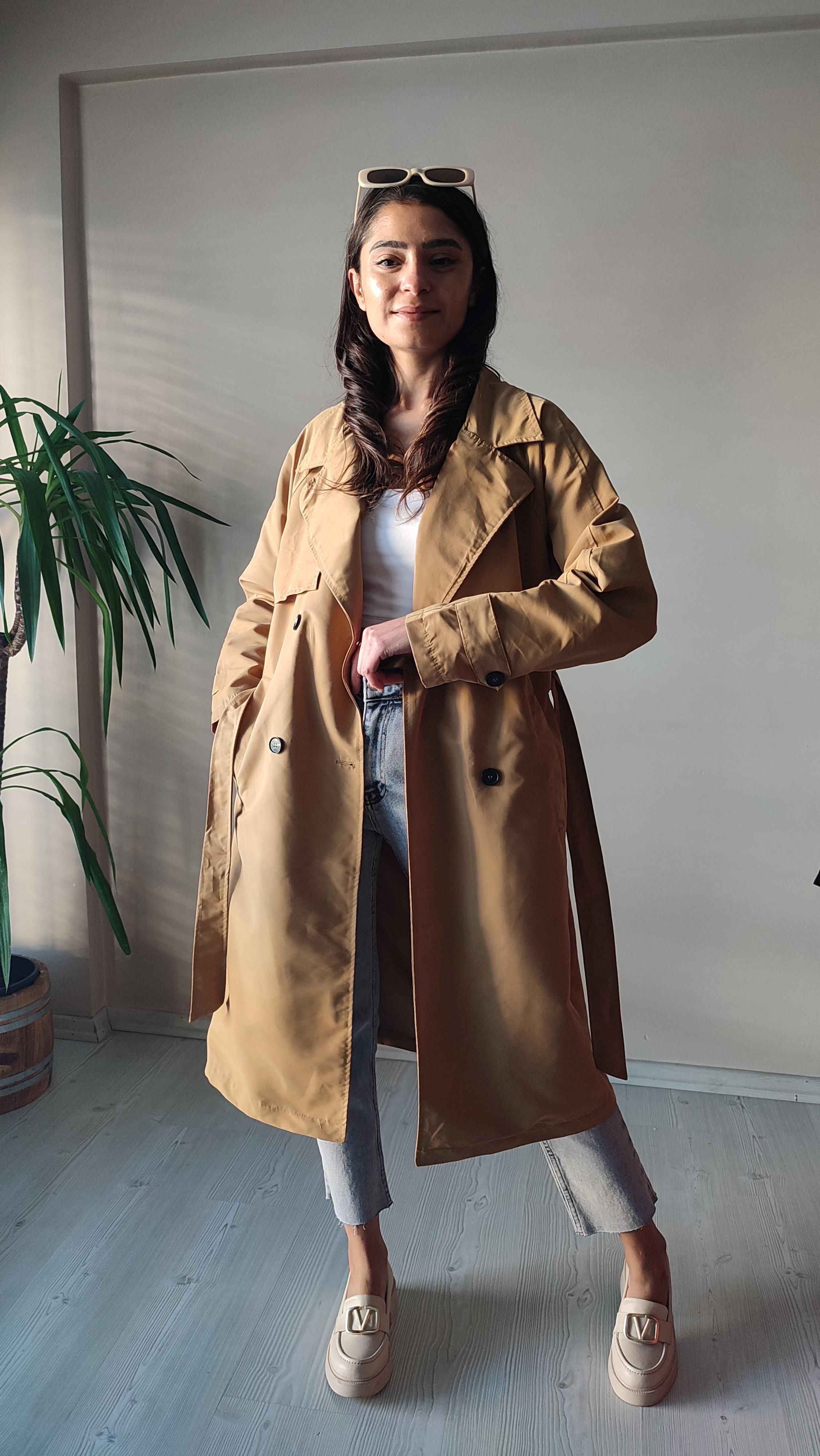 Camel Astarlı TRENÇ Ceket 