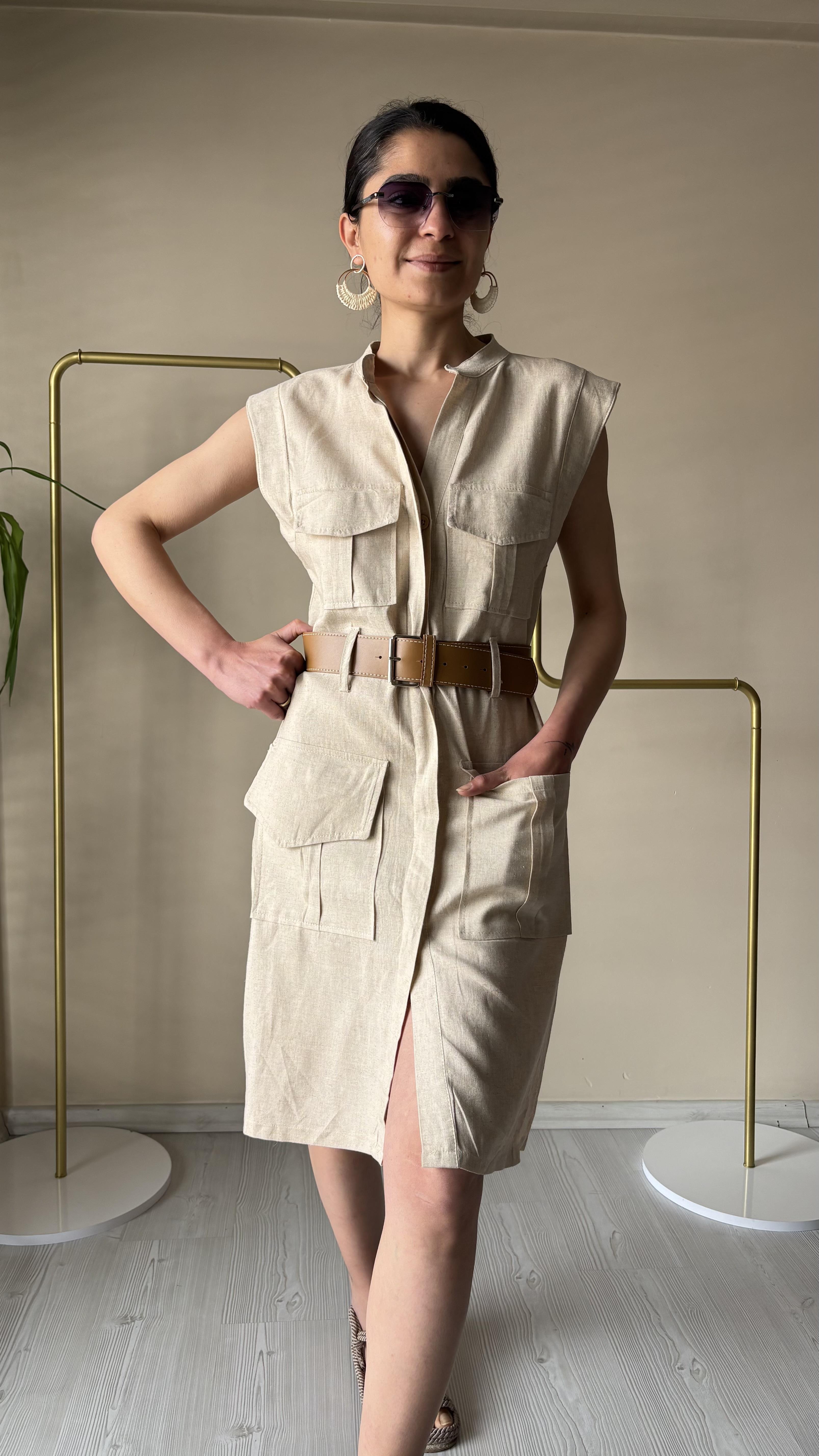 Ekru KETEN Kemerli Elbise 