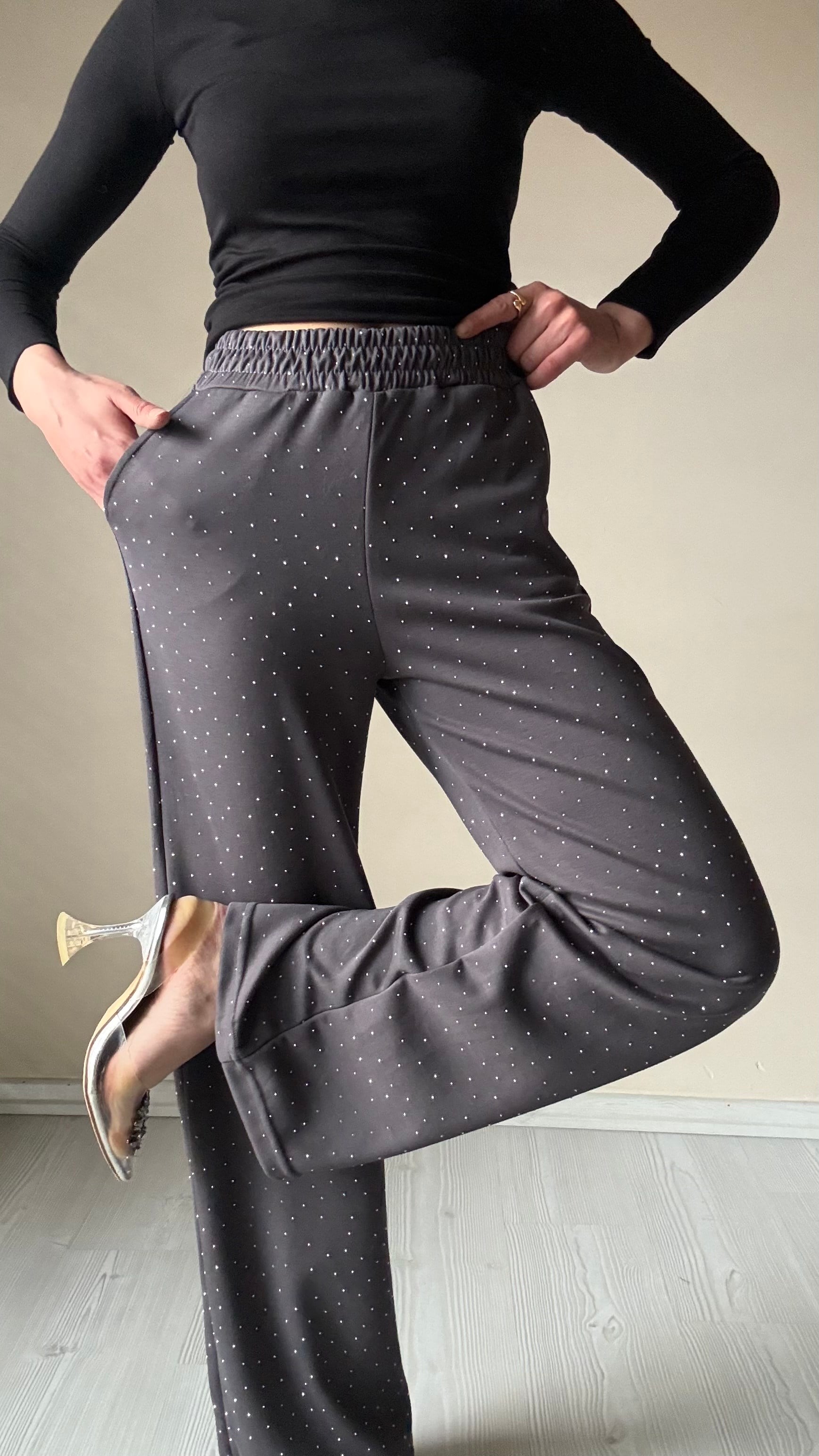 Füme Bel Lastikli Taşlı Pantolon 