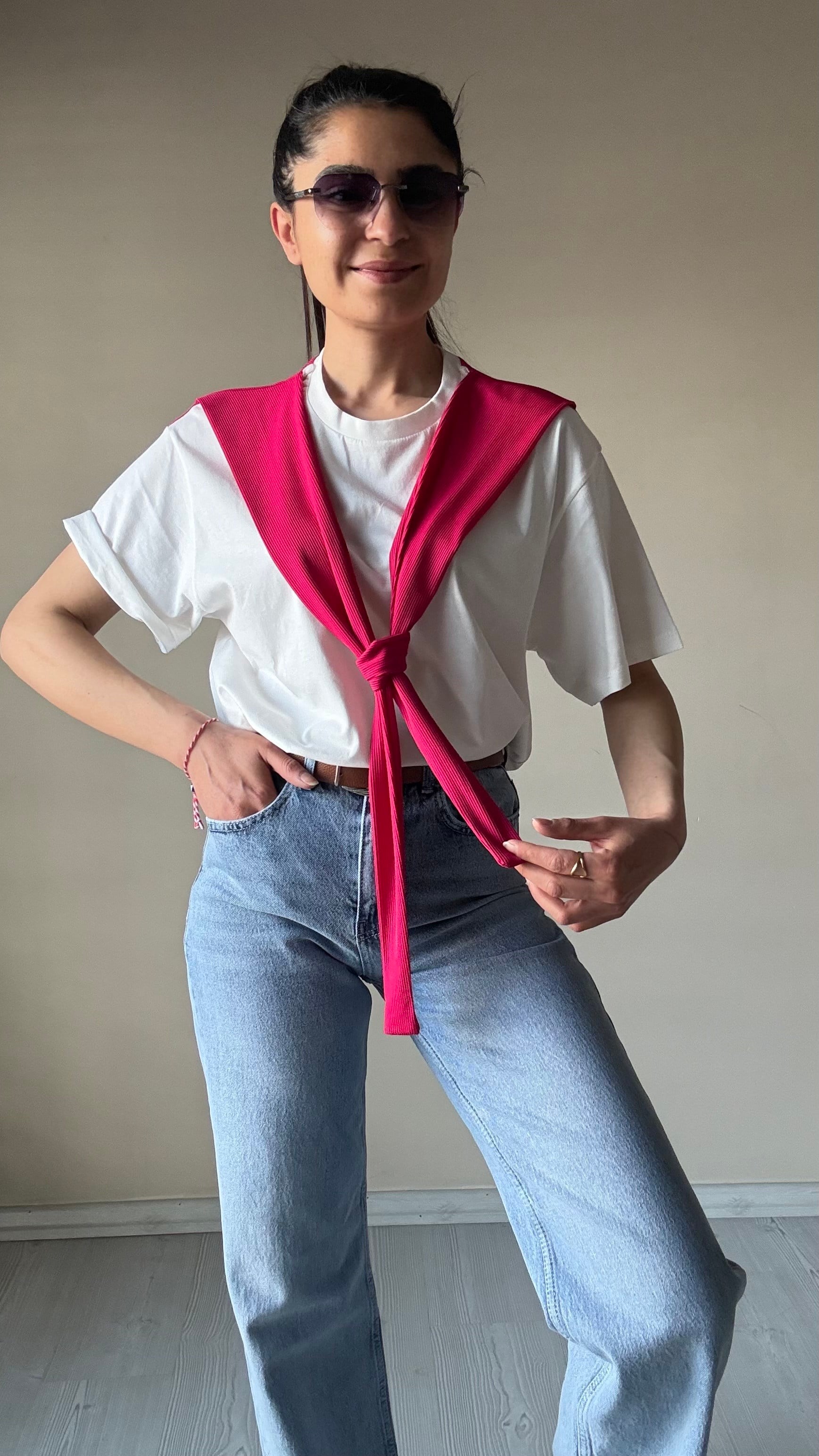 Fuşya pembe Kaşkorse Detay Basic Tshırt 