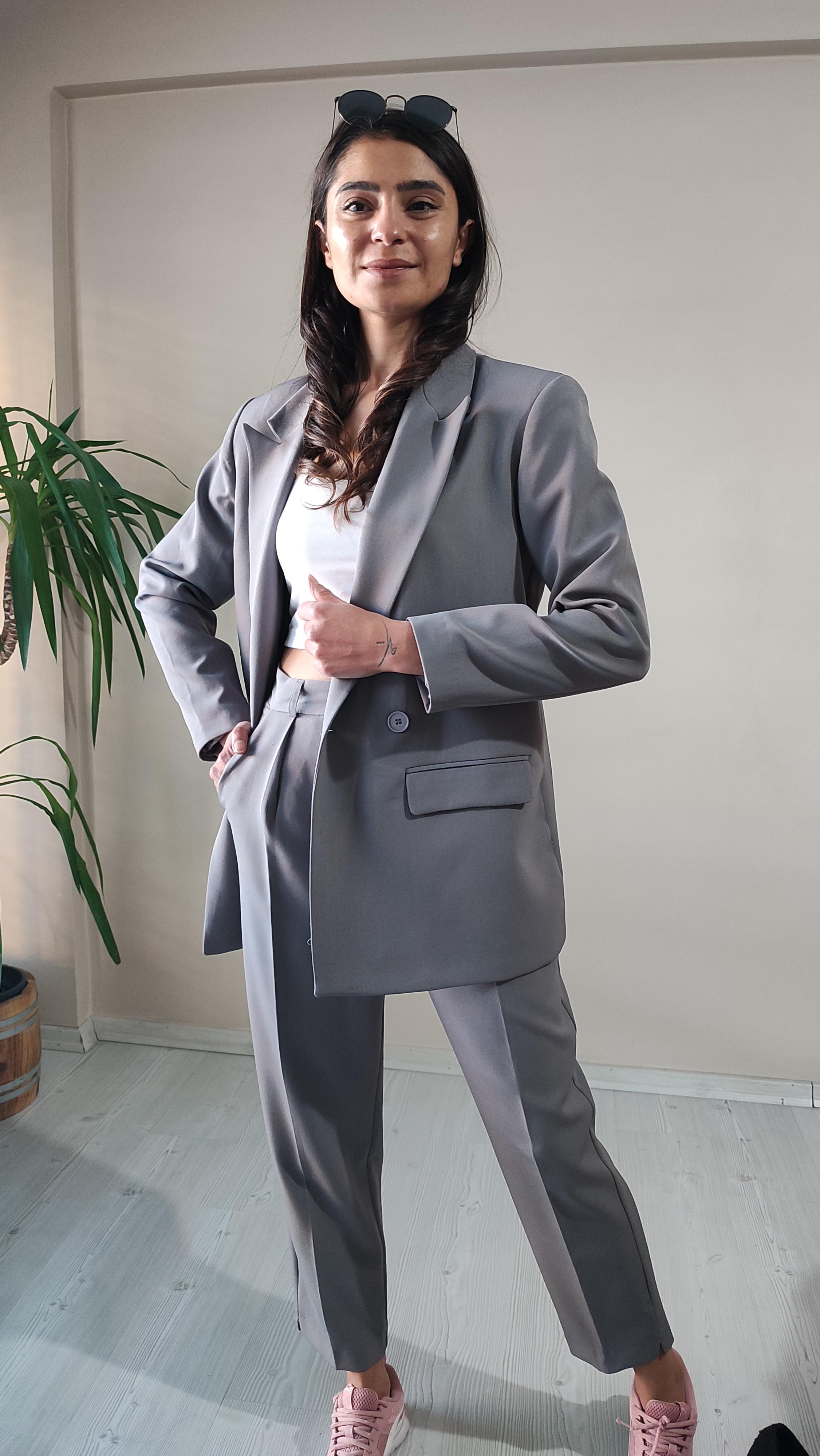 Gri Blazer Ceket Pantolon Takım 