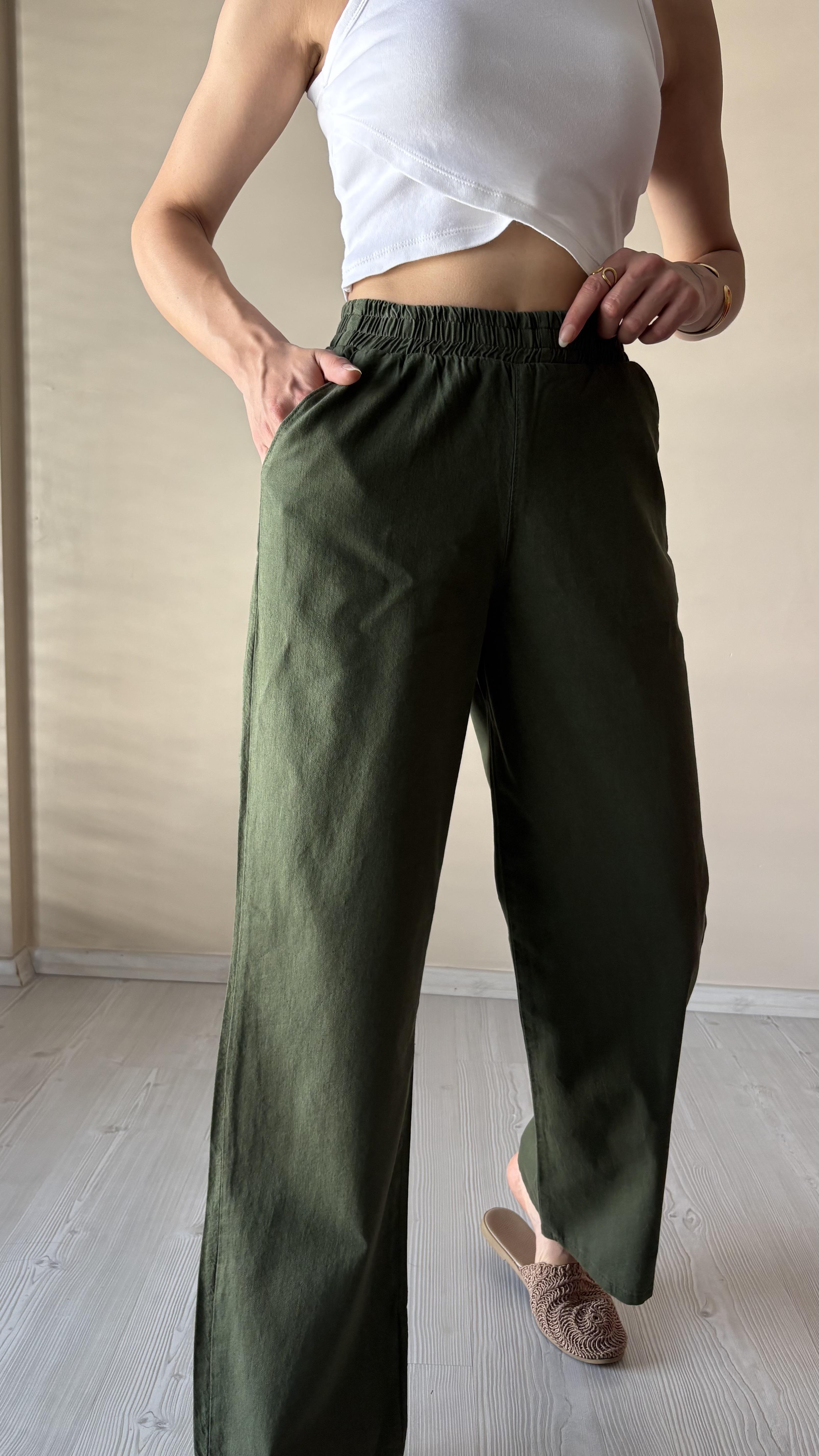 Haki Gabardin Palazzo Pantolon