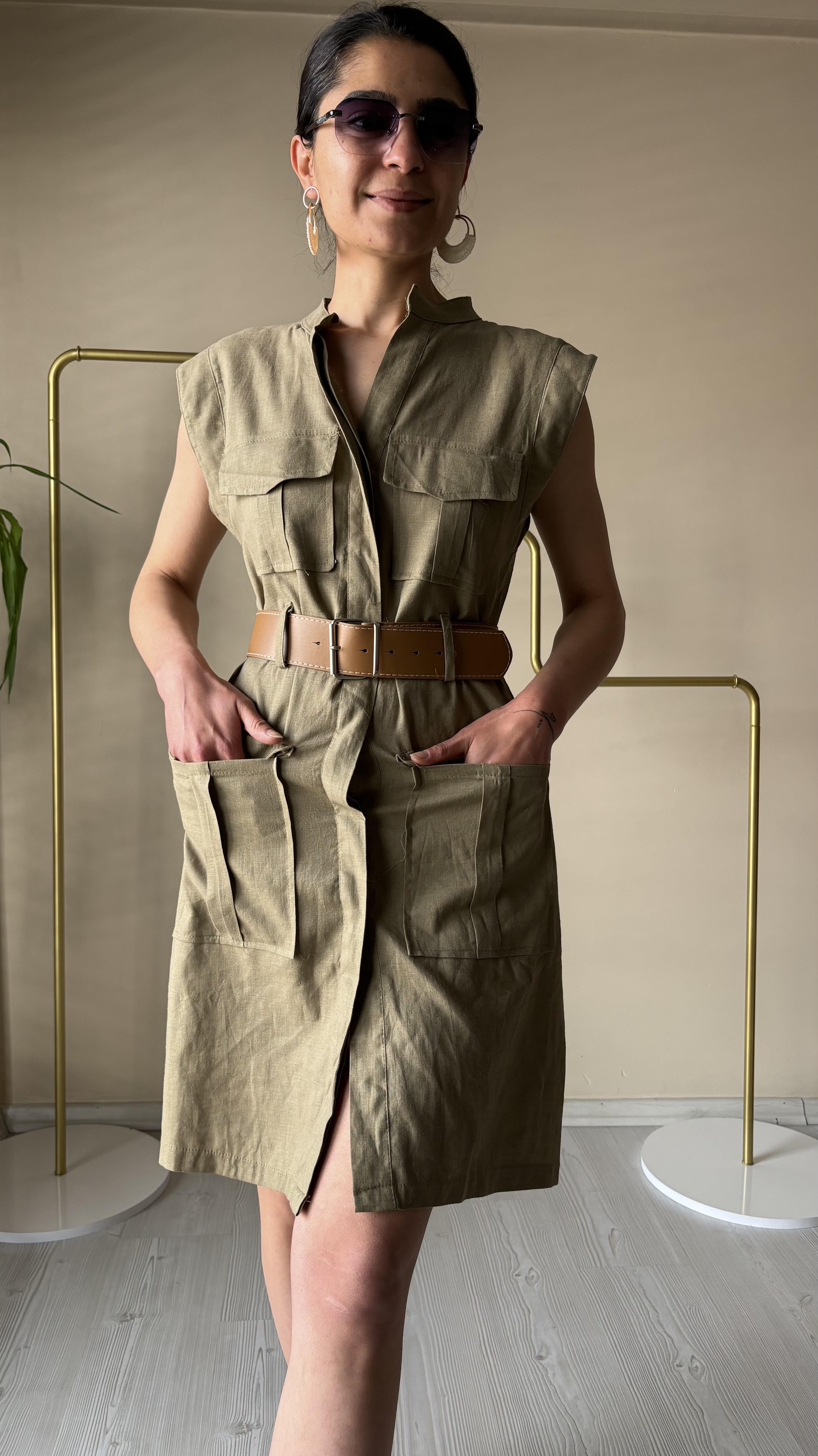 Haki KETEN Kemerli Elbise 