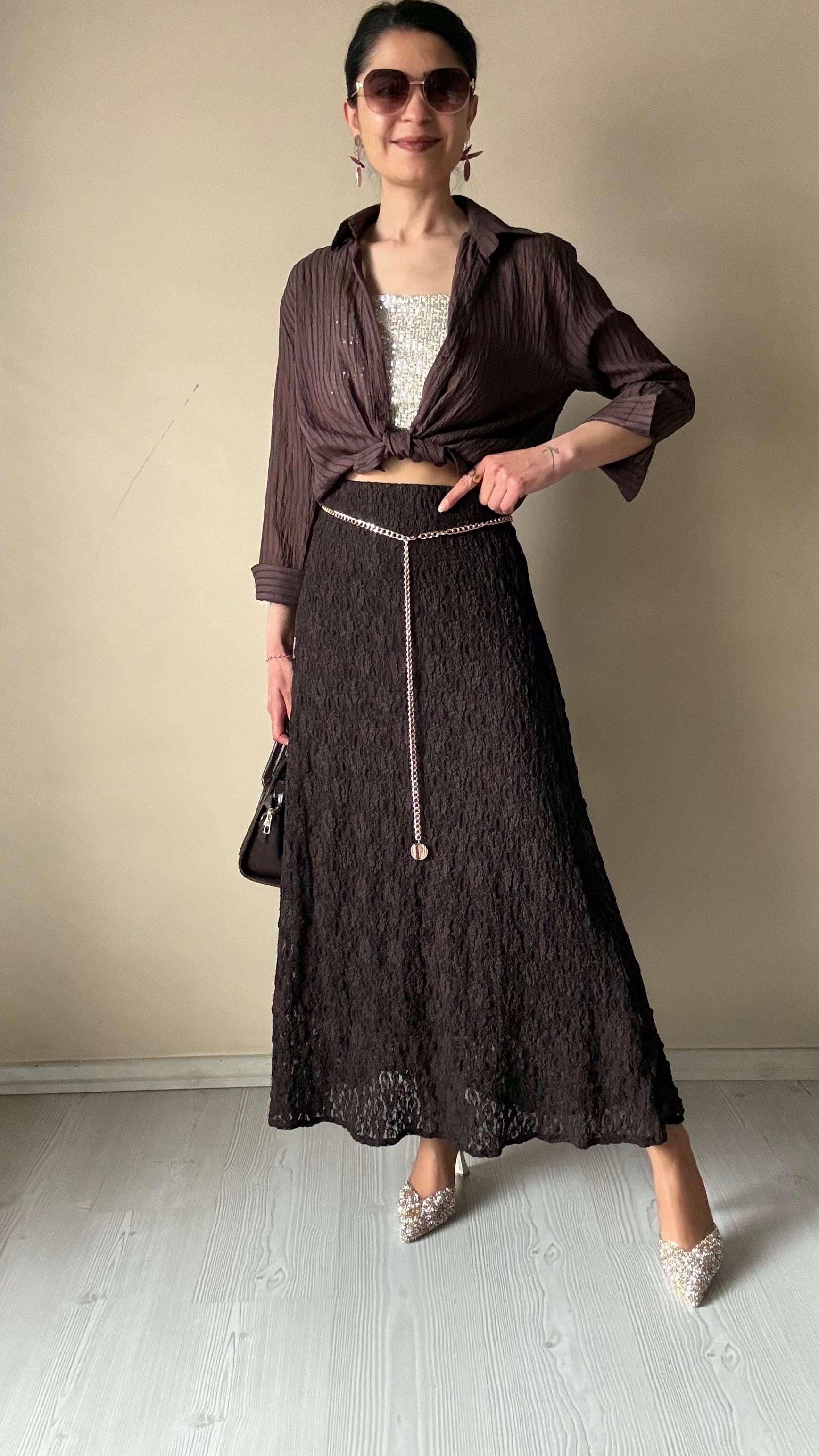 Kahve Dantel zra model Etek
