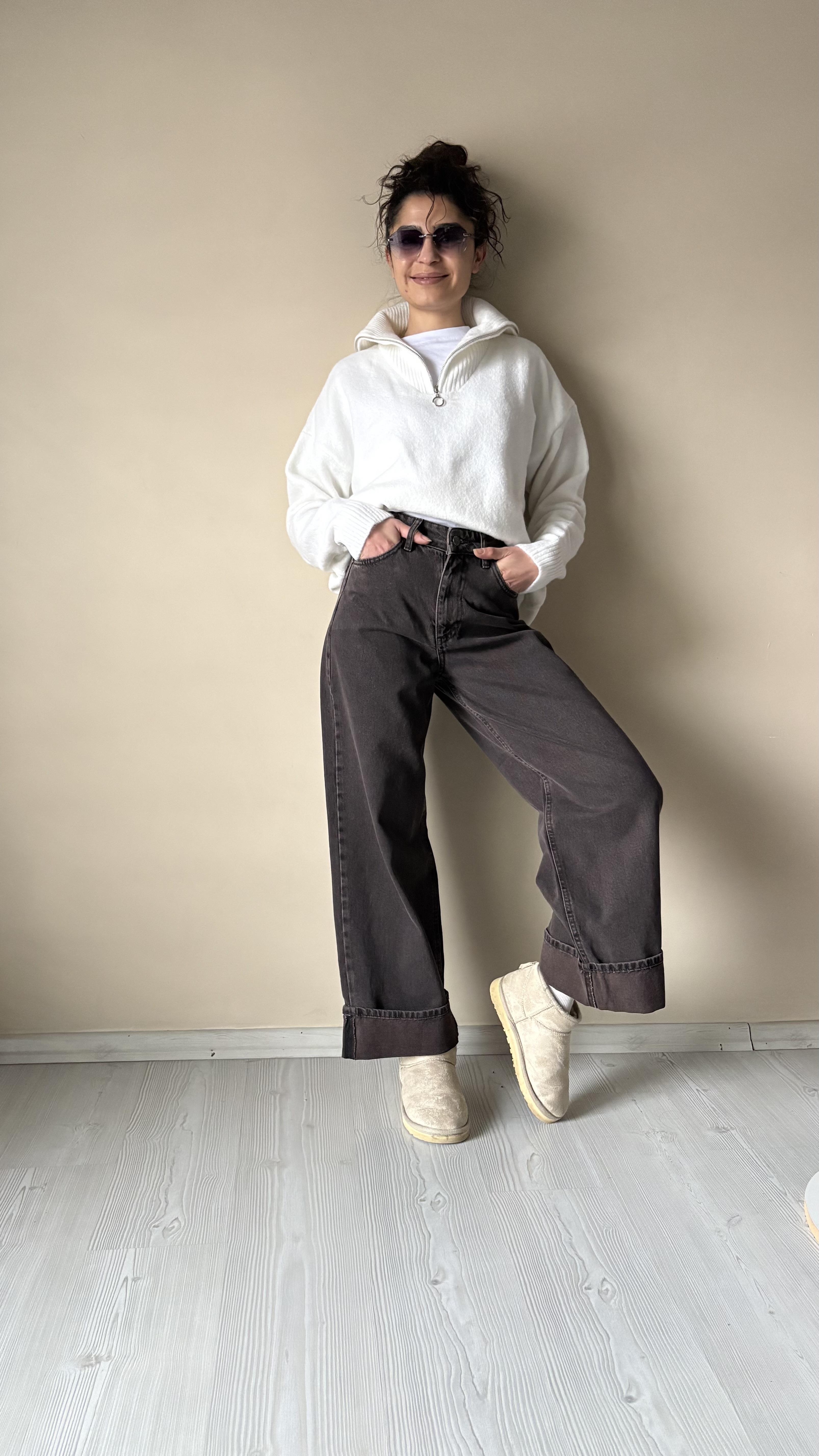 Kahve Kendinden Kıvrımlı wide leg Jean
