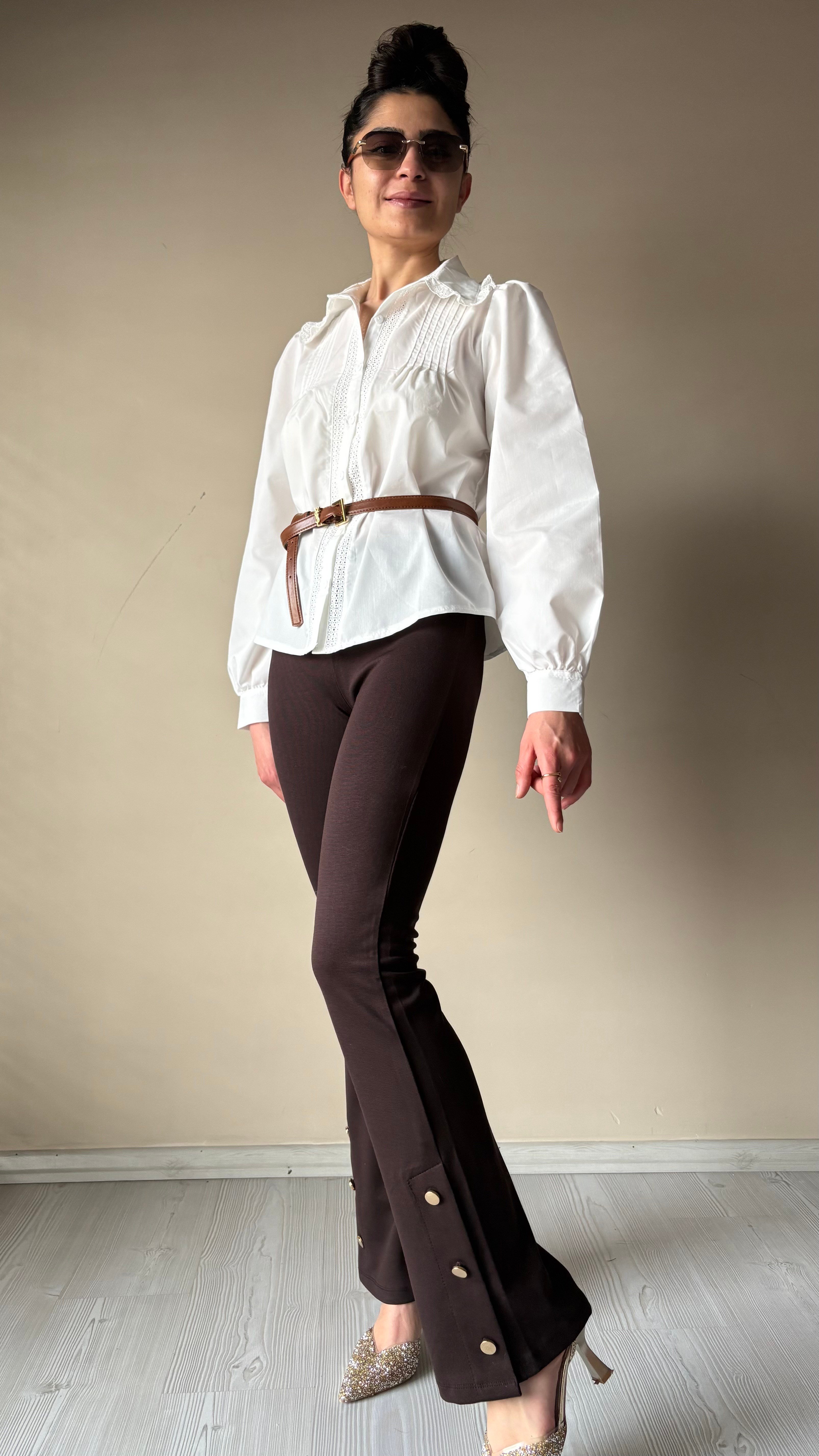 Kahve paçadan Düğmeli Tayt Pantolon 