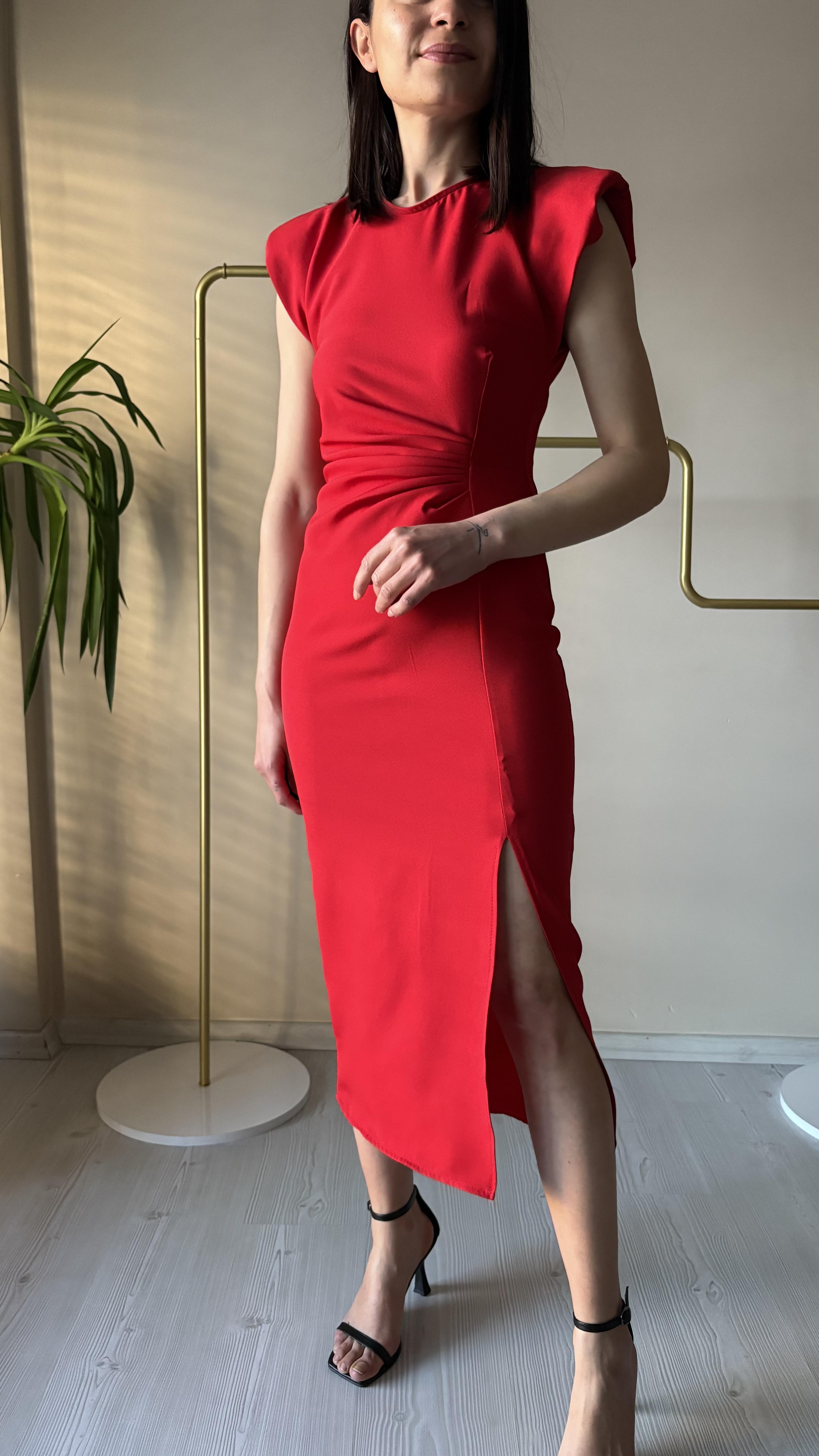 Kırmızı Dabıl Vatkalı Kalem Elbise