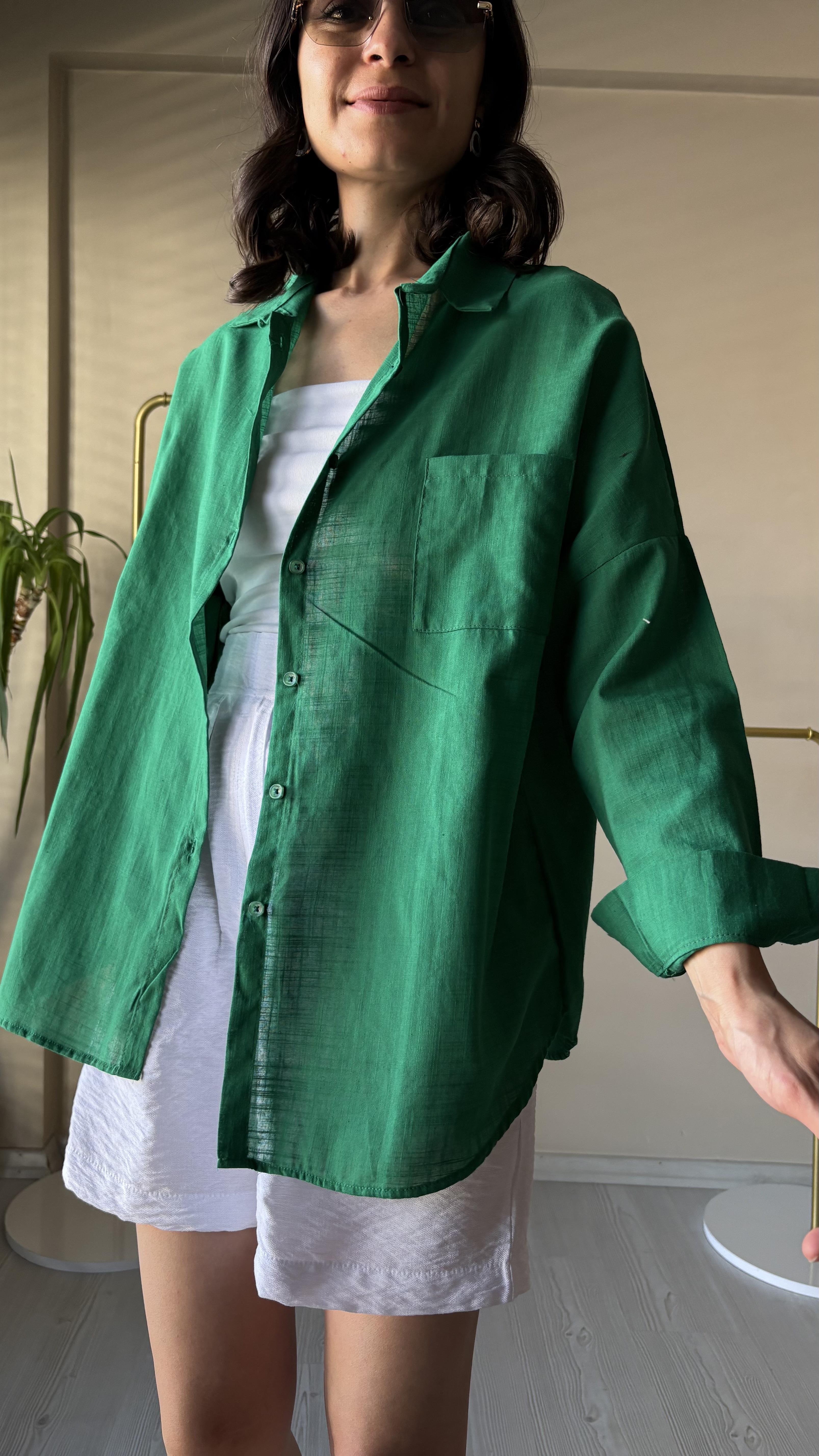 Koyu yeşil Oversize Keten Gömlek