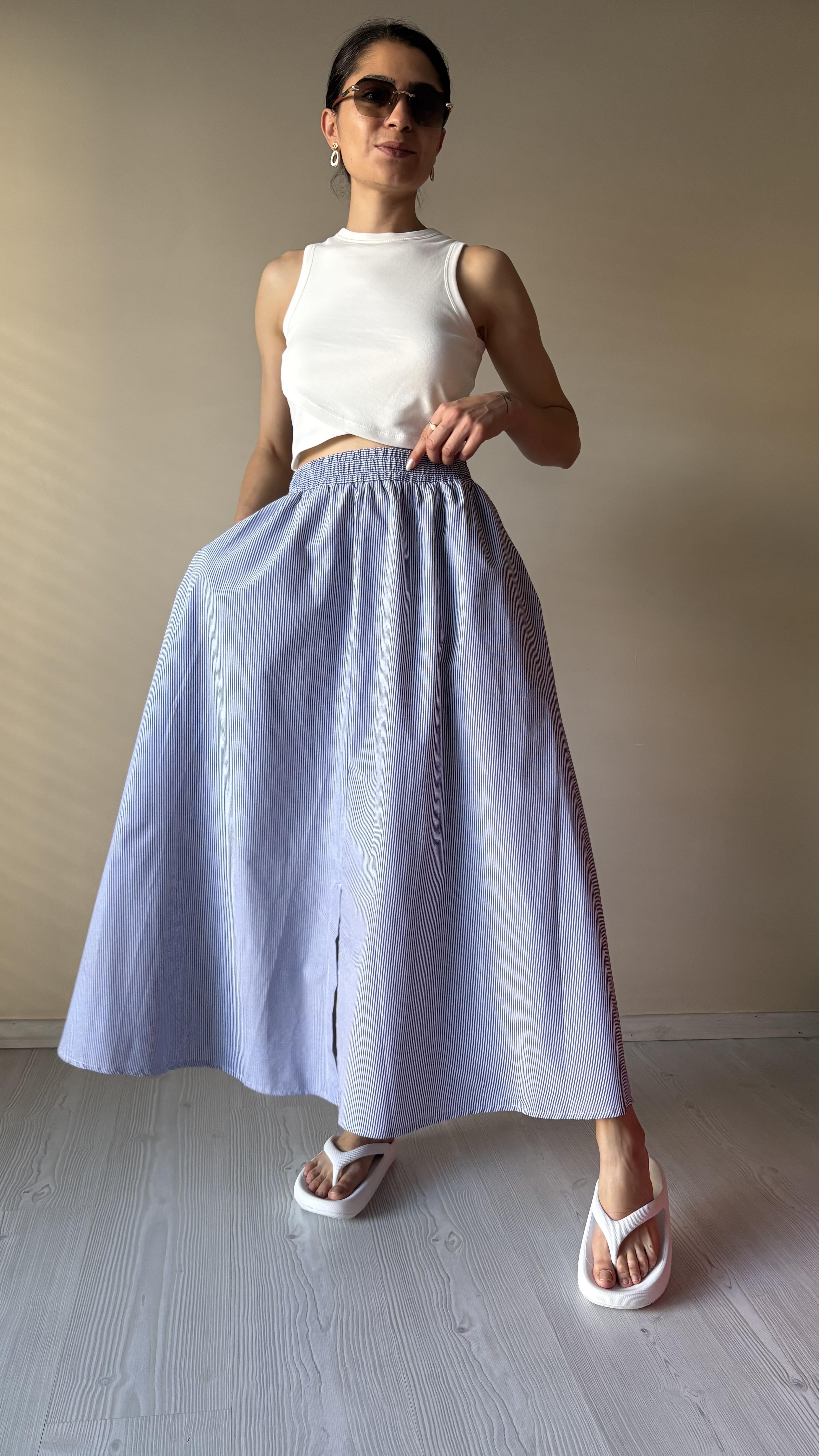 Lacivert çizgili Uzun Etek