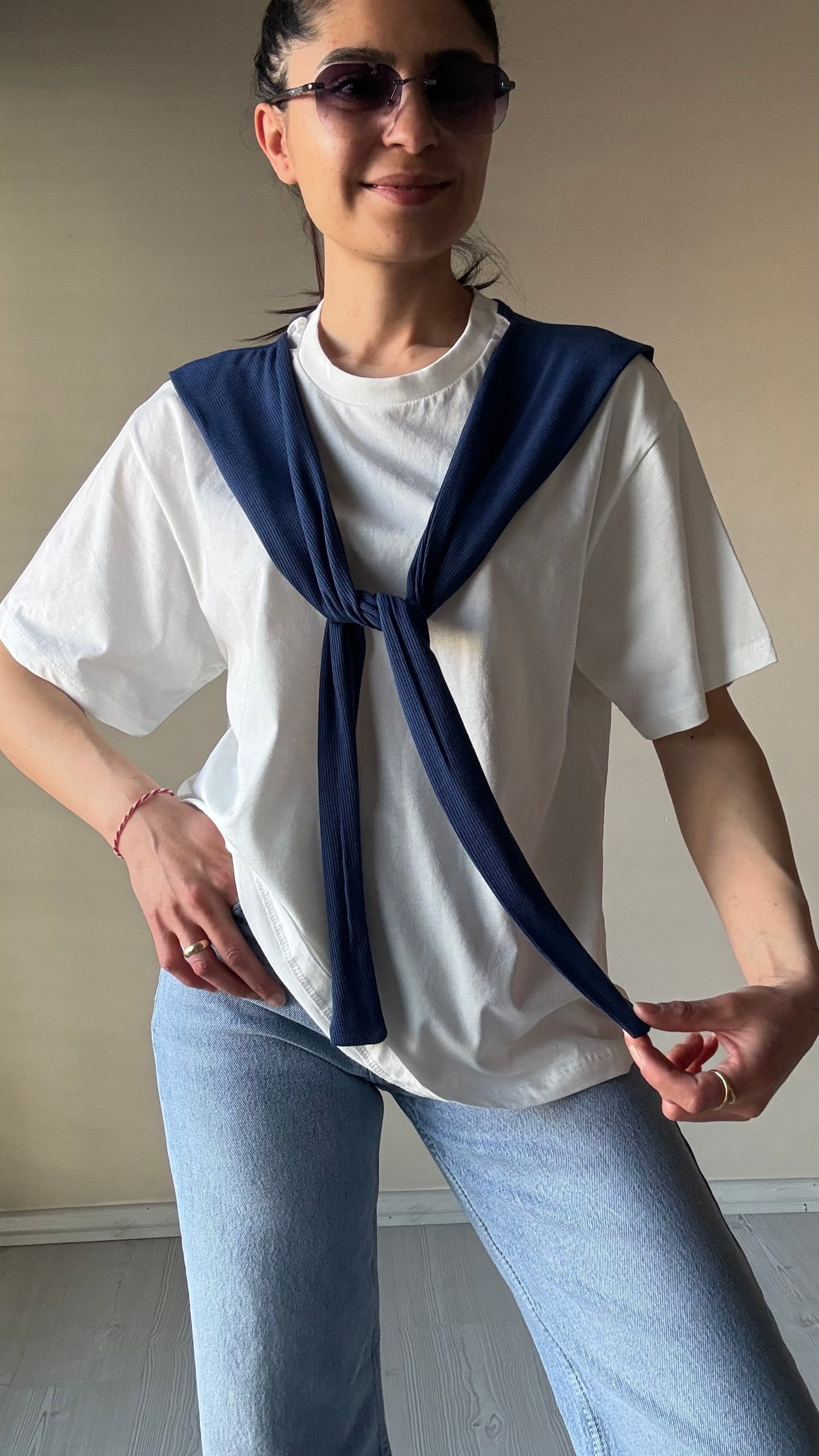 Lacivert Kaşkorse Parça Detay Basic Tshırt 