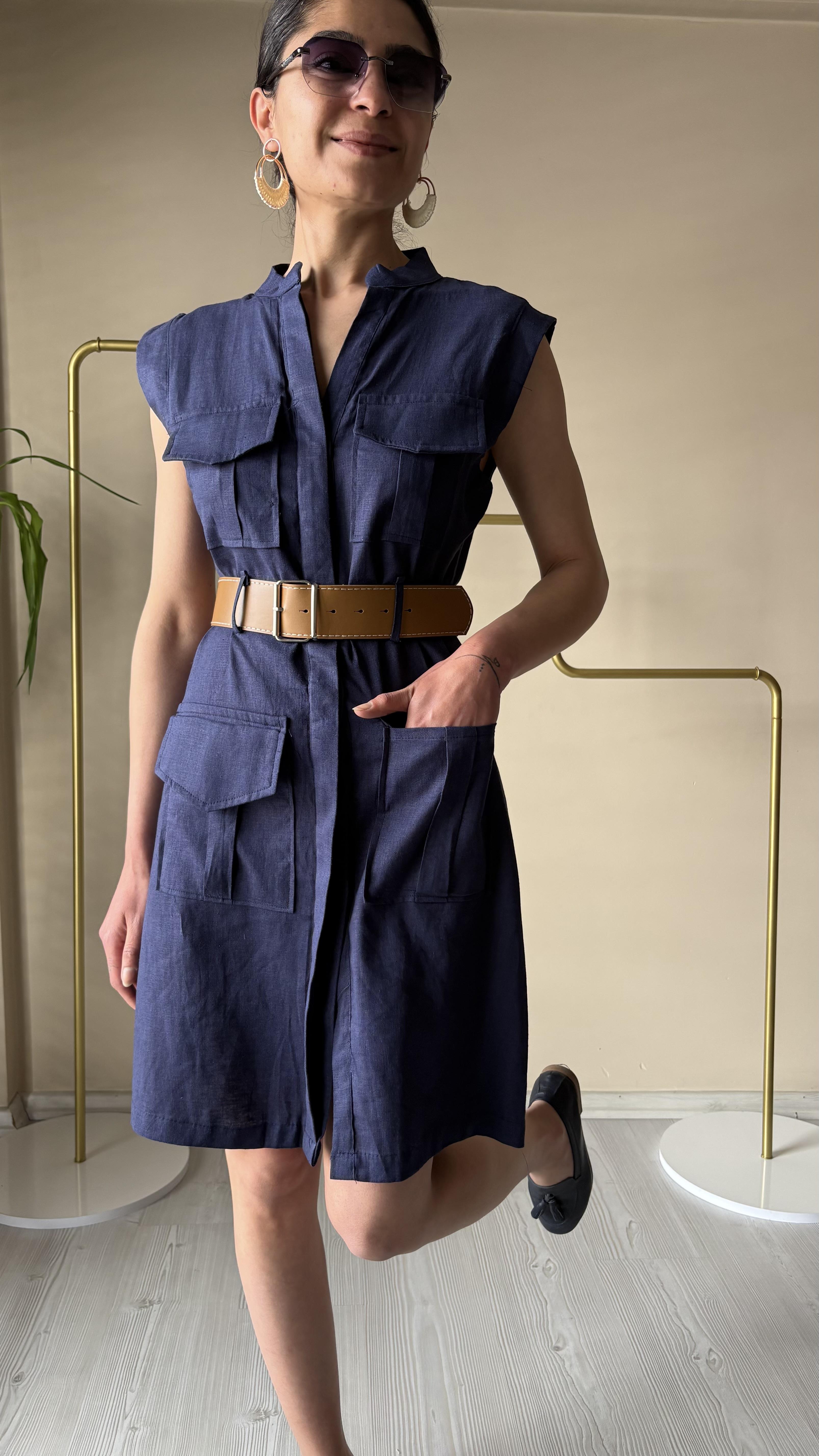 Lacivert KETEN Kemerli Elbise 