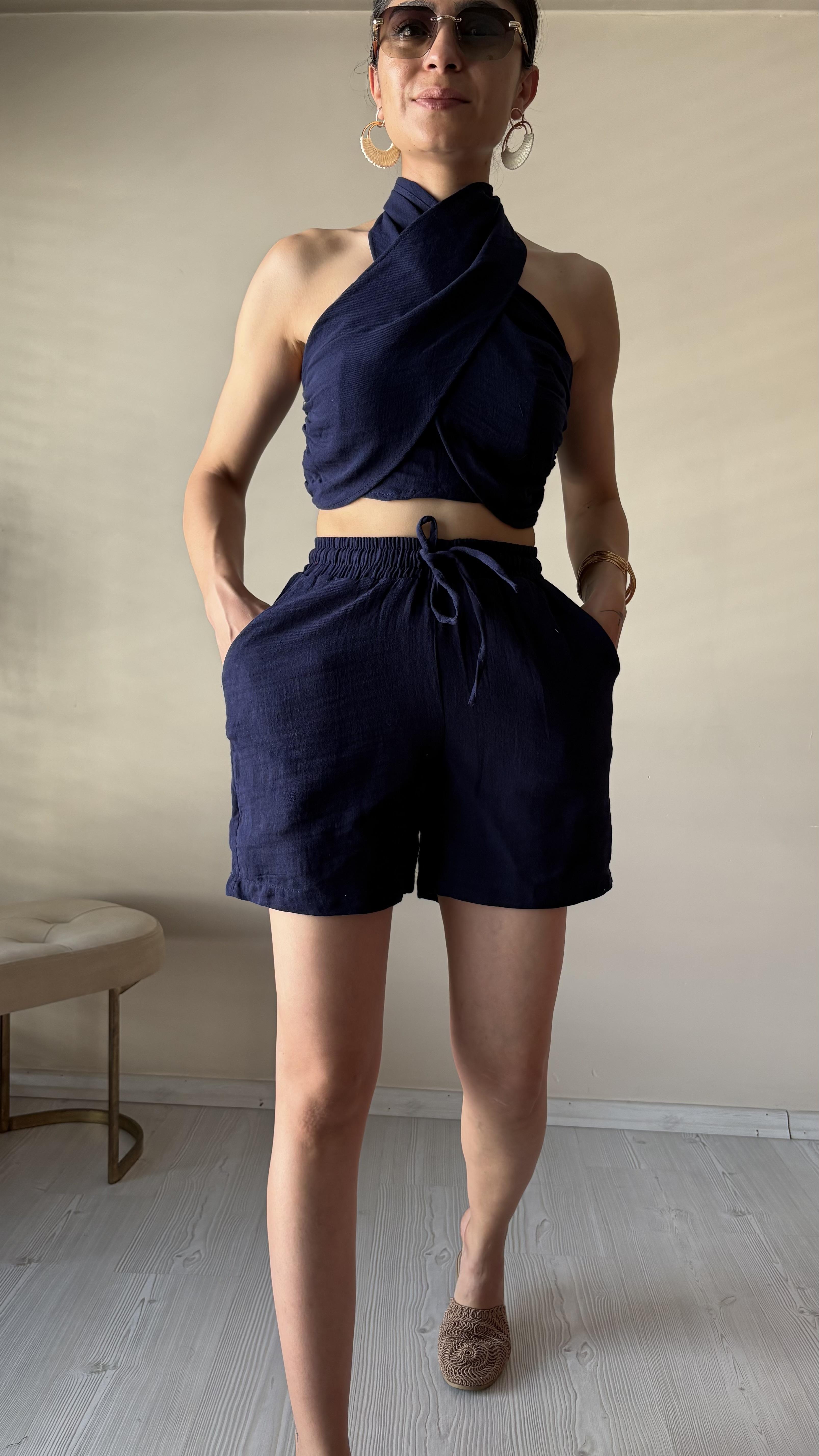 Lacivert Müslin Şortlu Takım