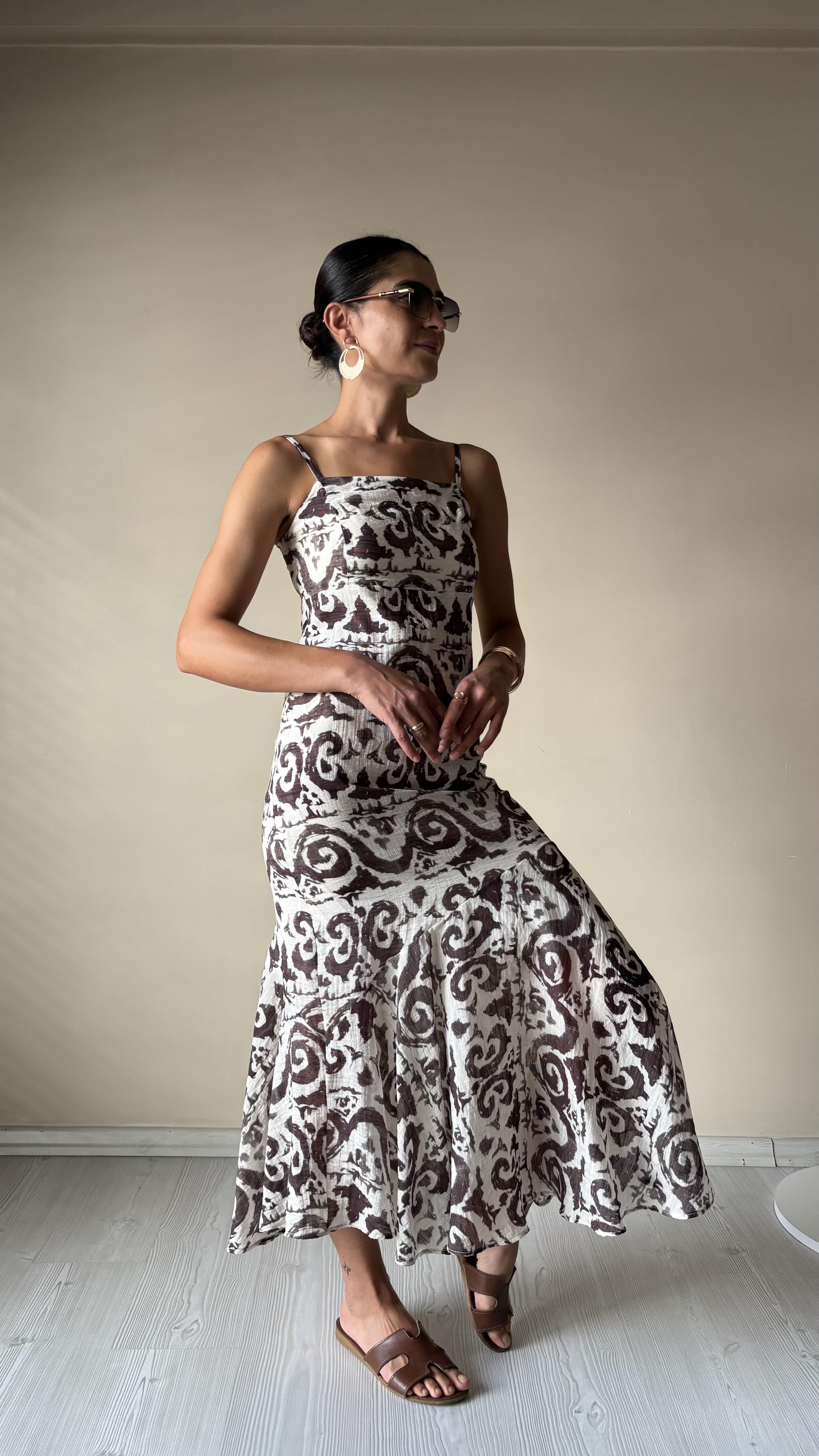 Lefon kahve Desenli Askılı Elbise