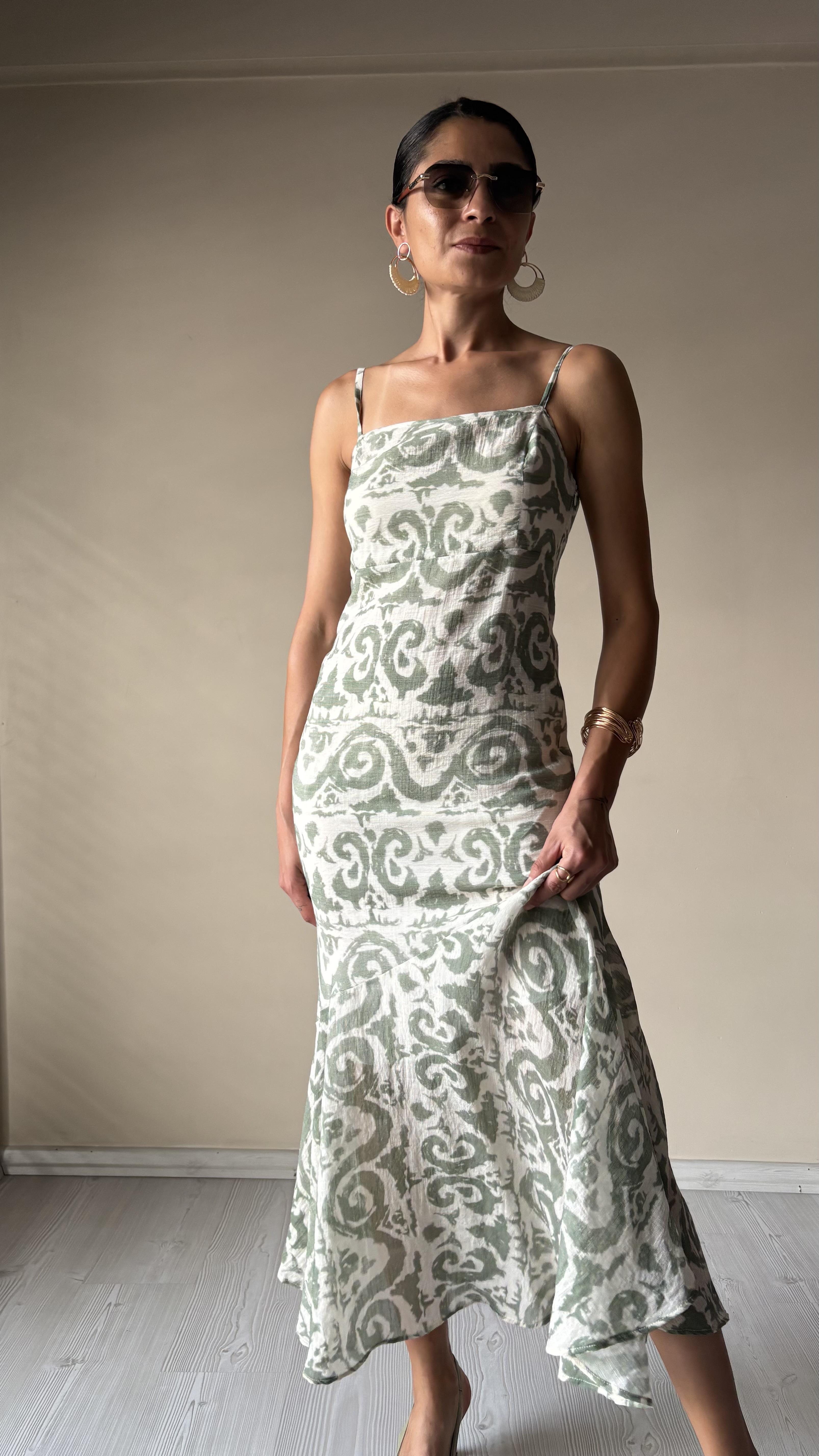 Lefon yeşil desenli Askılı Elbise