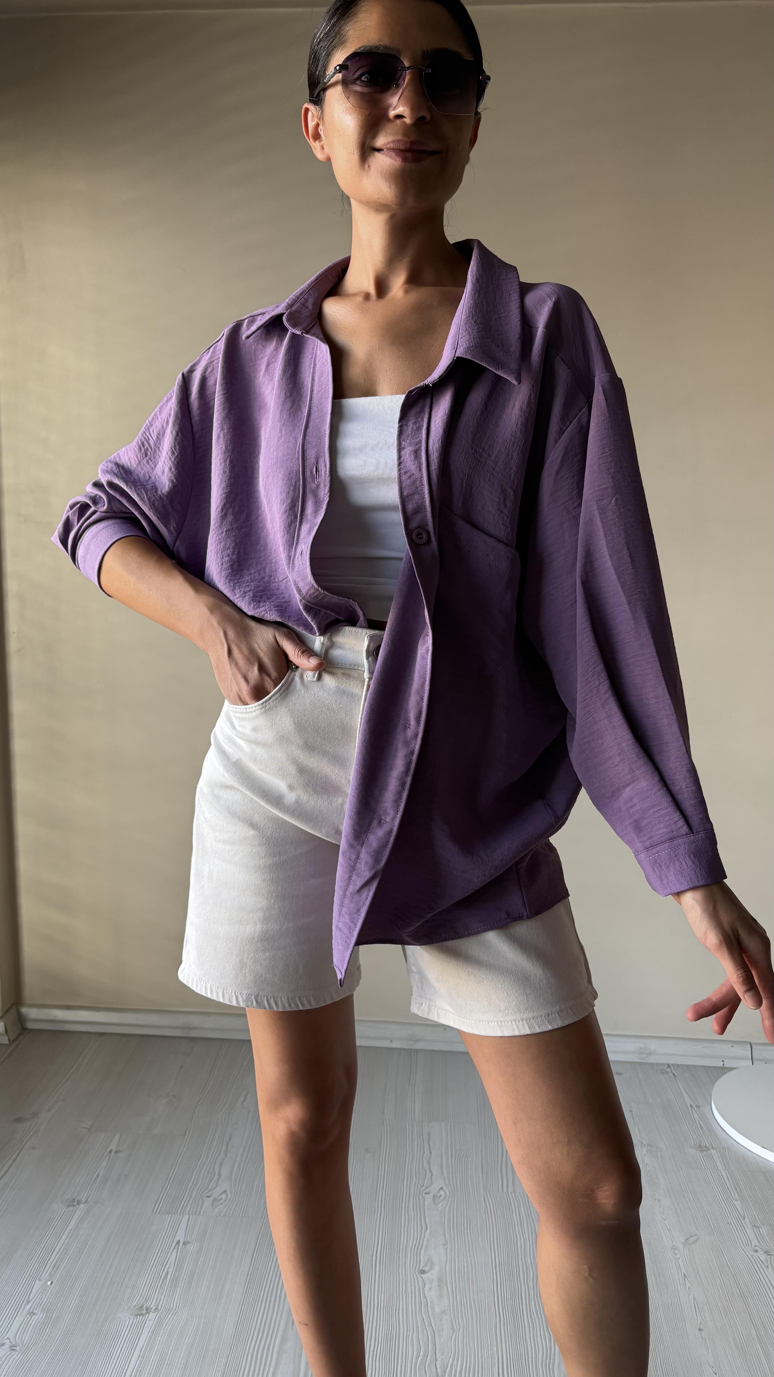 Lila Aerobin Düşük omuz Oversize Gömlek