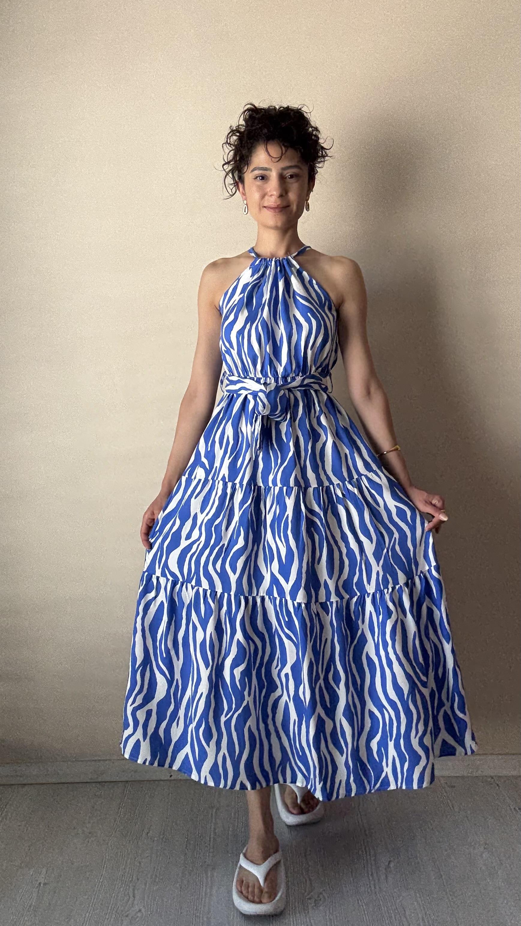Mavi -Beyaz viskon Halter Elbise 